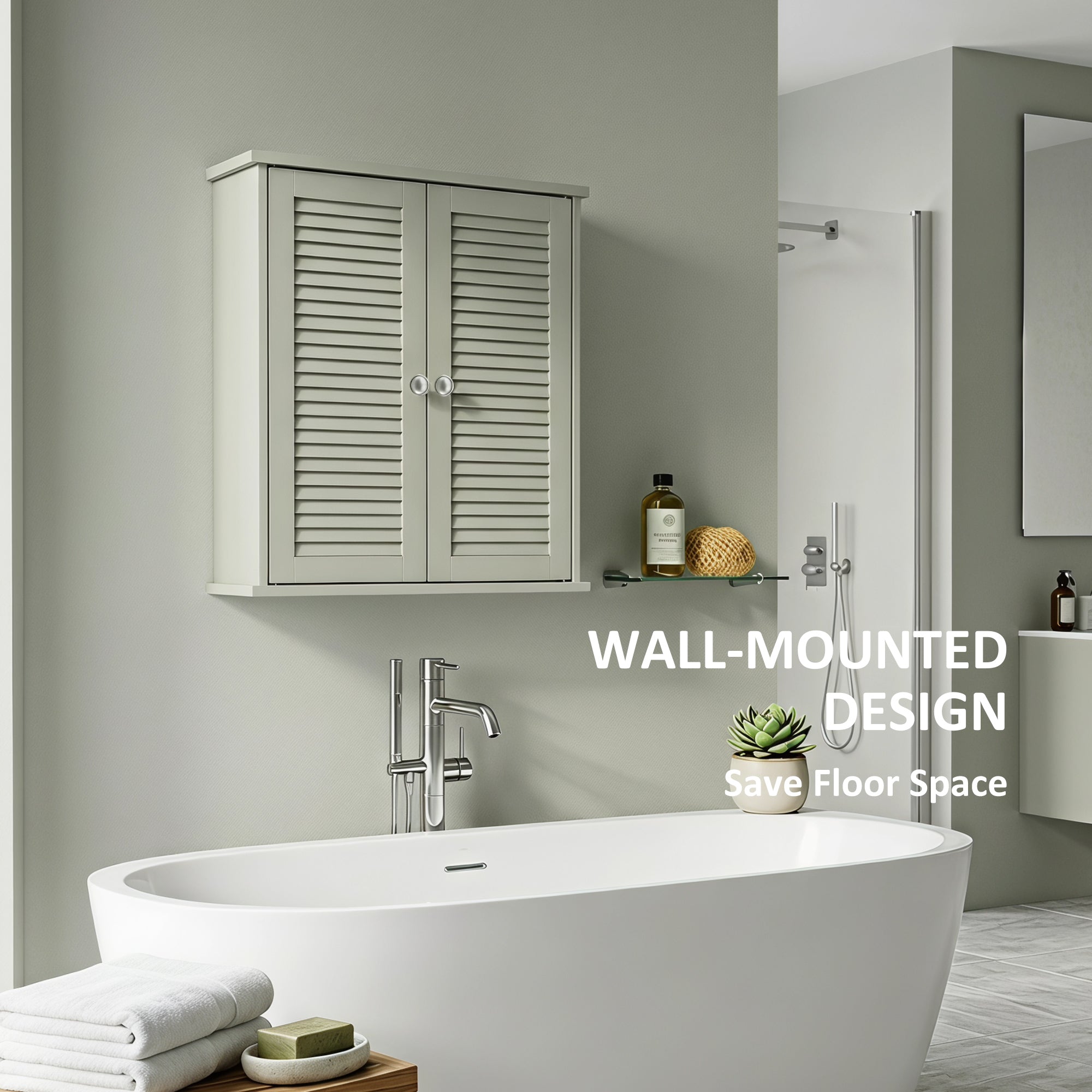 Bathroom Wall Cabinet, Wall-Mounted Over-The-Toilet Space Saver with Louvered Doors and Adjustable Shelf Storage for Kitchen, Living Room, Light Green