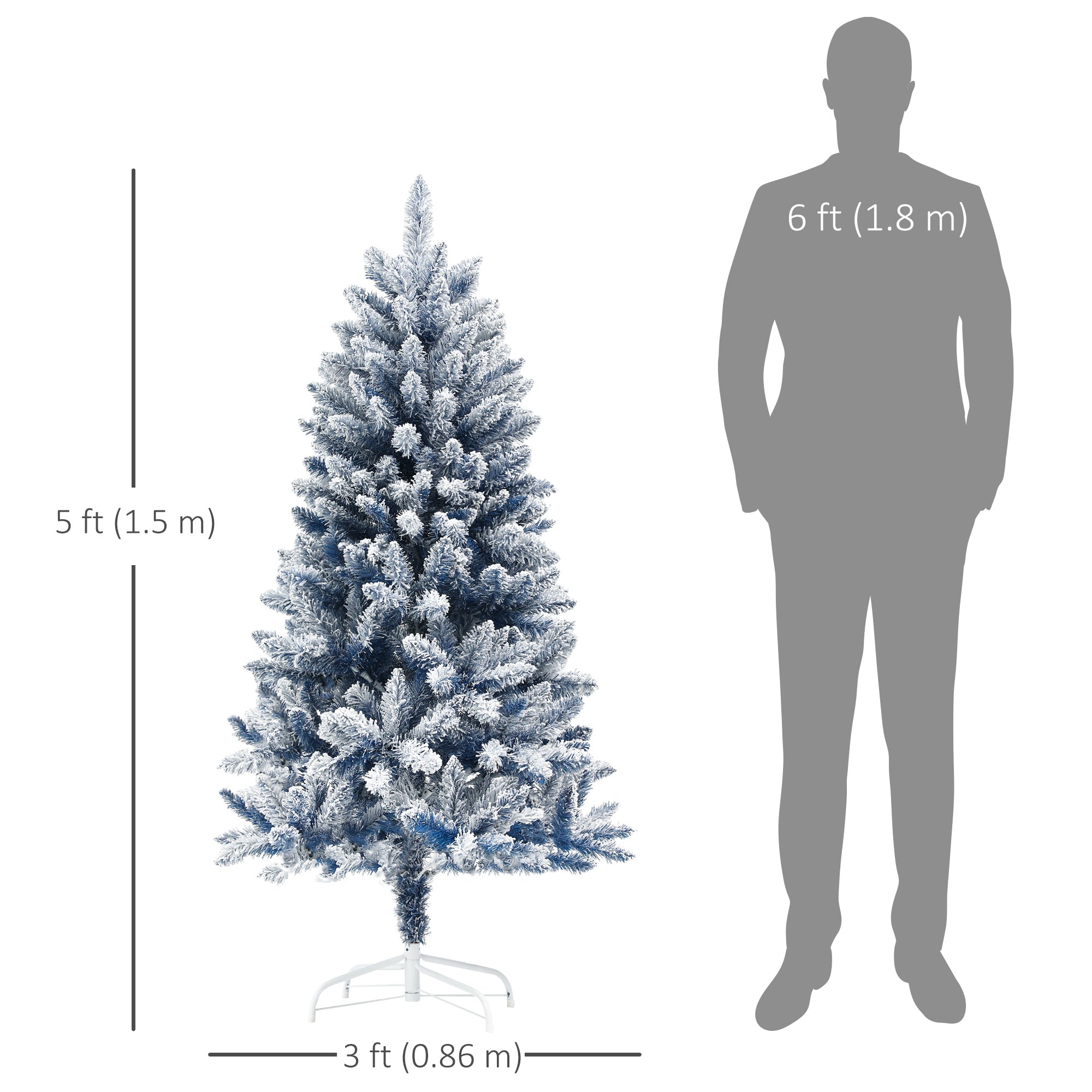 HOMCOM 5ft Artificial Flocked Christmas Tree with 450 Snow Frosted Tips, Metal Stand, Hinged Xmas Tree for Home Office Holiday, Blue