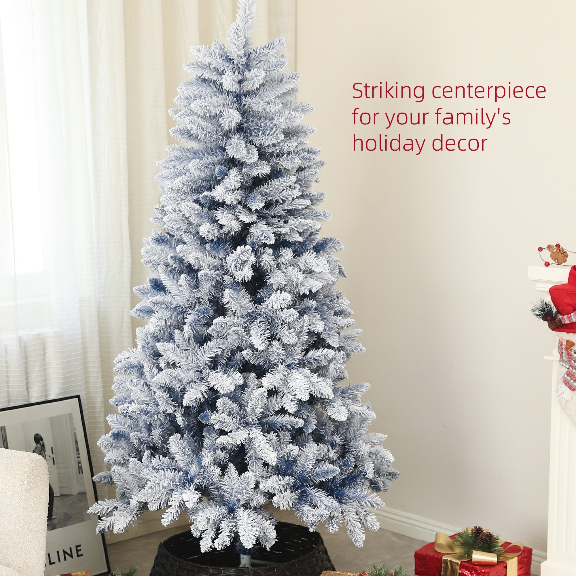 HOMCOM 5ft Artificial Flocked Christmas Tree with 450 Snow Frosted Tips, Metal Stand, Hinged Xmas Tree for Home Office Holiday, Blue