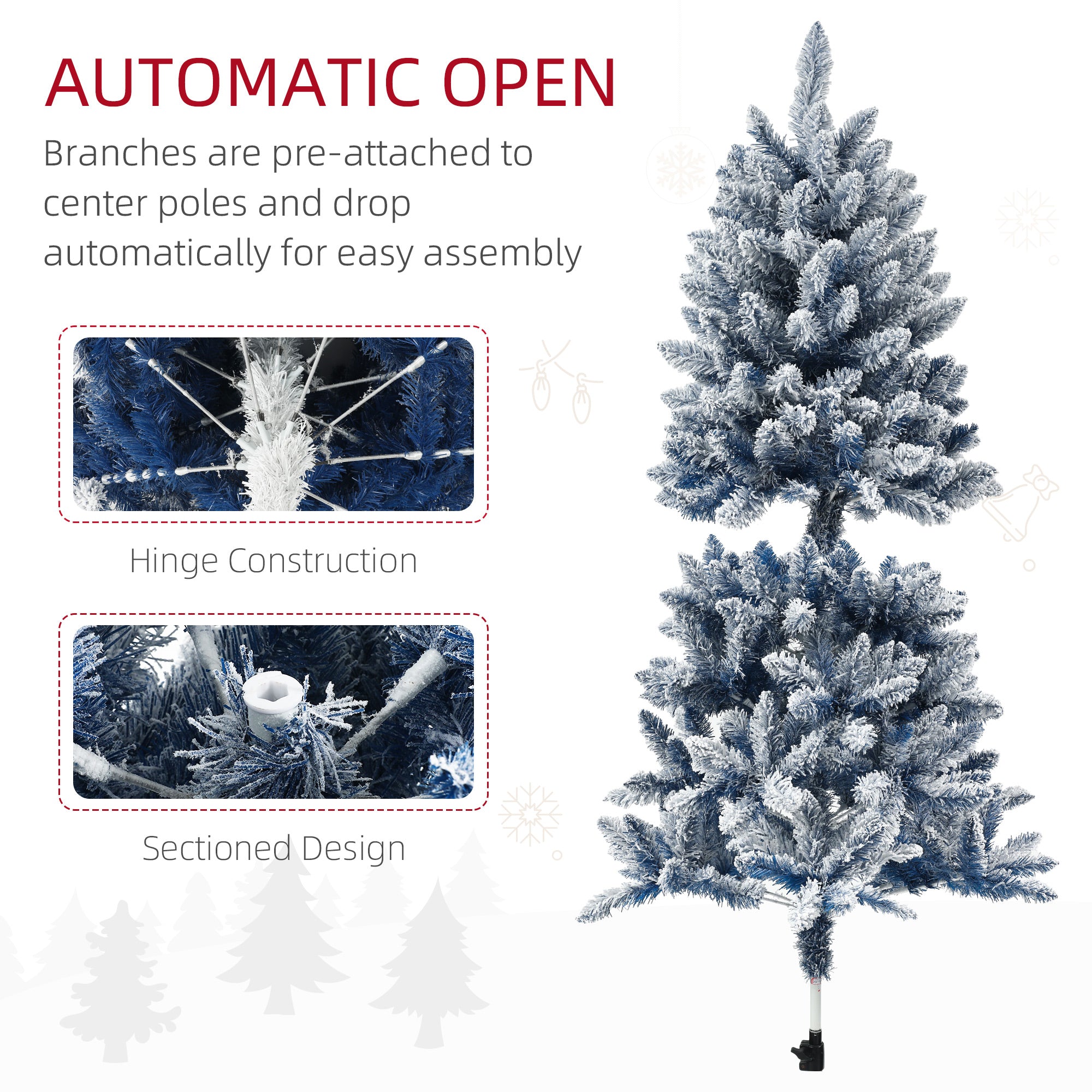 HOMCOM 5ft Artificial Flocked Christmas Tree with 450 Snow Frosted Tips, Metal Stand, Hinged Xmas Tree for Home Office Holiday, Blue