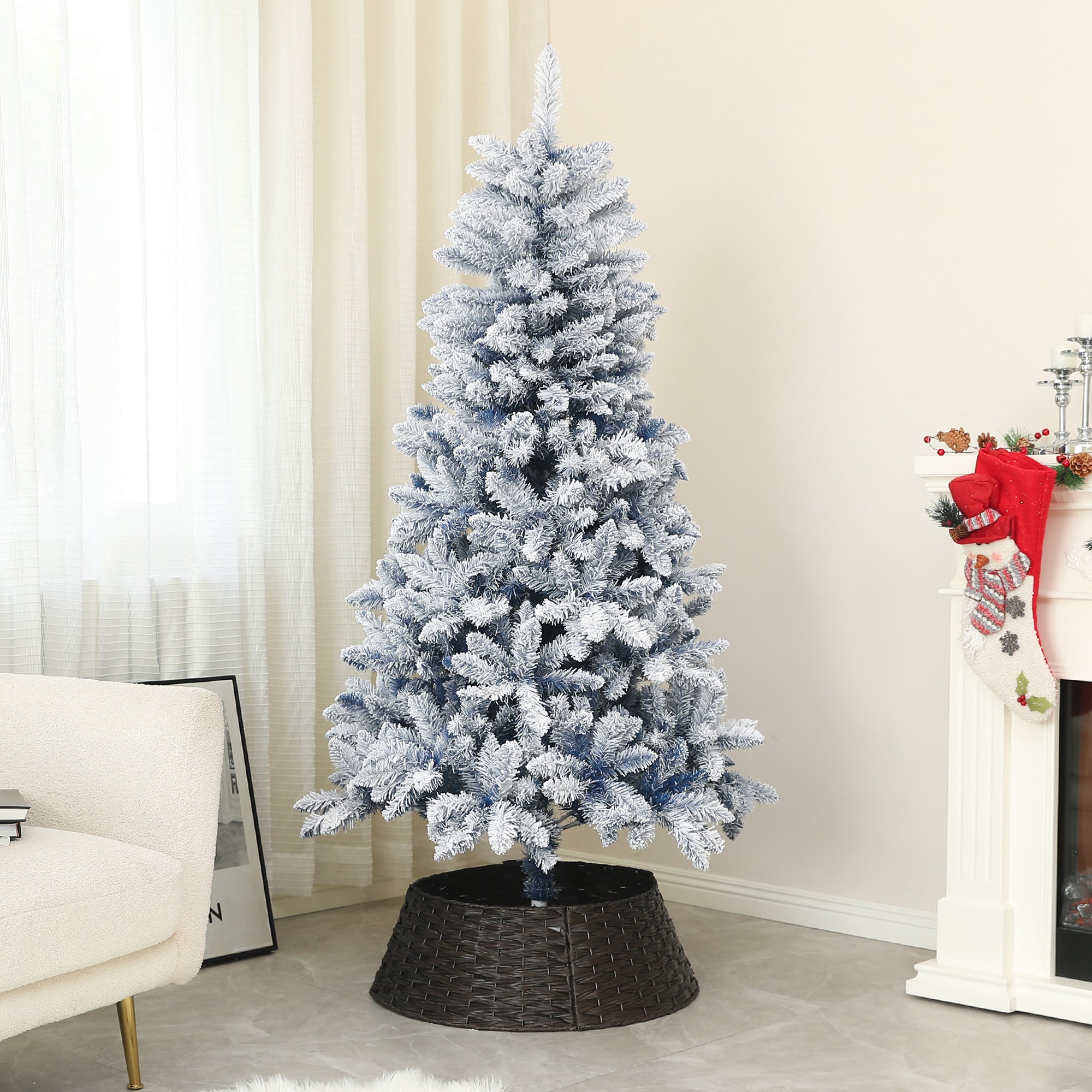 HOMCOM 5ft Artificial Flocked Christmas Tree with 450 Snow Frosted Tips, Metal Stand, Hinged Xmas Tree for Home Office Holiday, Blue