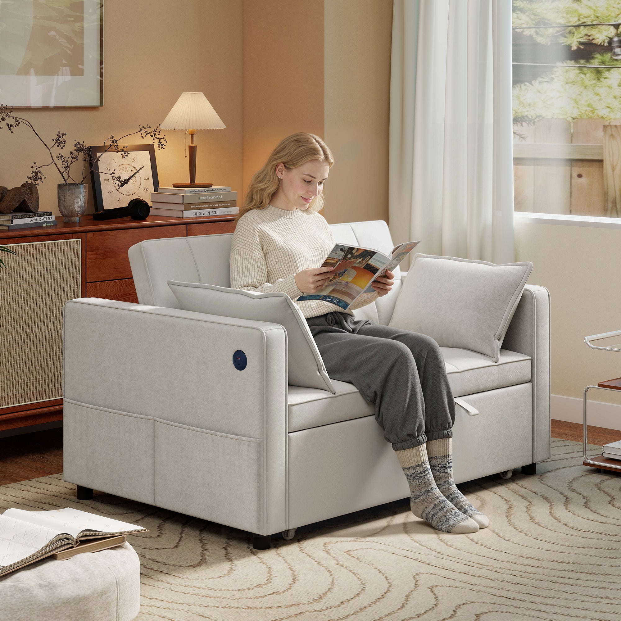 3‑in‑1 Convertible Sofa Bed, Pull Out Sleeper Sofa with USB Charging, Adjustable Backrest, Side Pockets, Sleeper Couch for Living Room, Small Space, Apartment, Beige