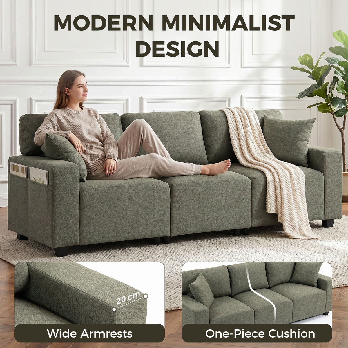 3 Seater Sofa, Linen-Look Fabric Upholstered Small Couch, Modern Sofa Settee with Storage Pockets, Pocket Springs and 2 Pillows for Living Room, Green