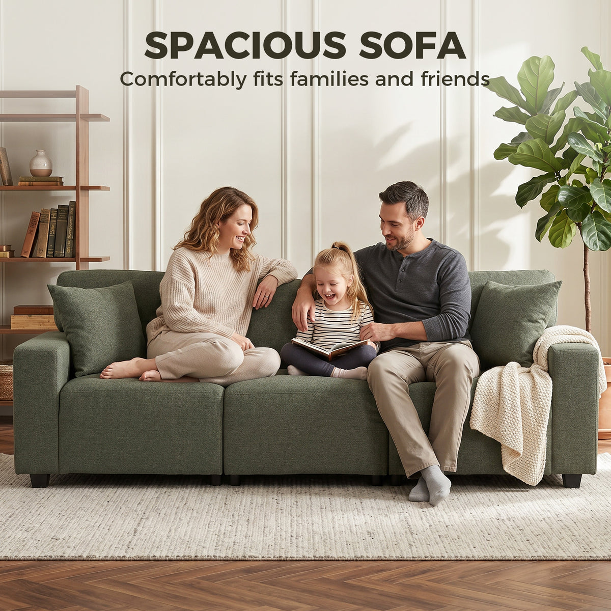 3 Seater Sofa, Linen-Look Fabric Upholstered Small Couch, Modern Sofa Settee with Storage Pockets, Pocket Springs and 2 Pillows for Living Room, Green