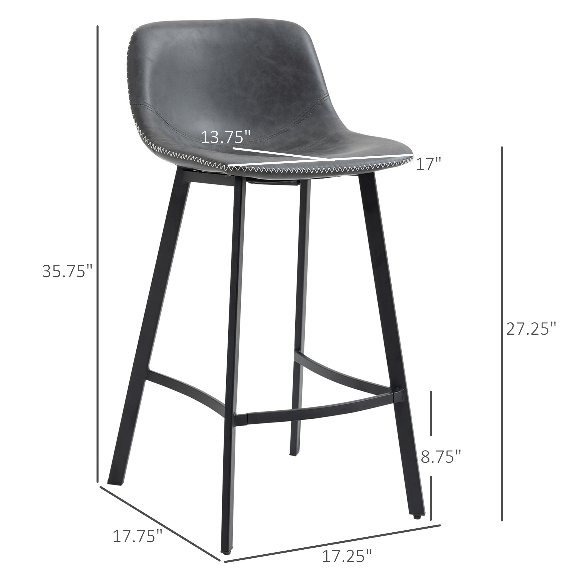 27.25" Counter Height Bar Stools Upholstered Armless Bar Chairs with Back Steel Legs Gray