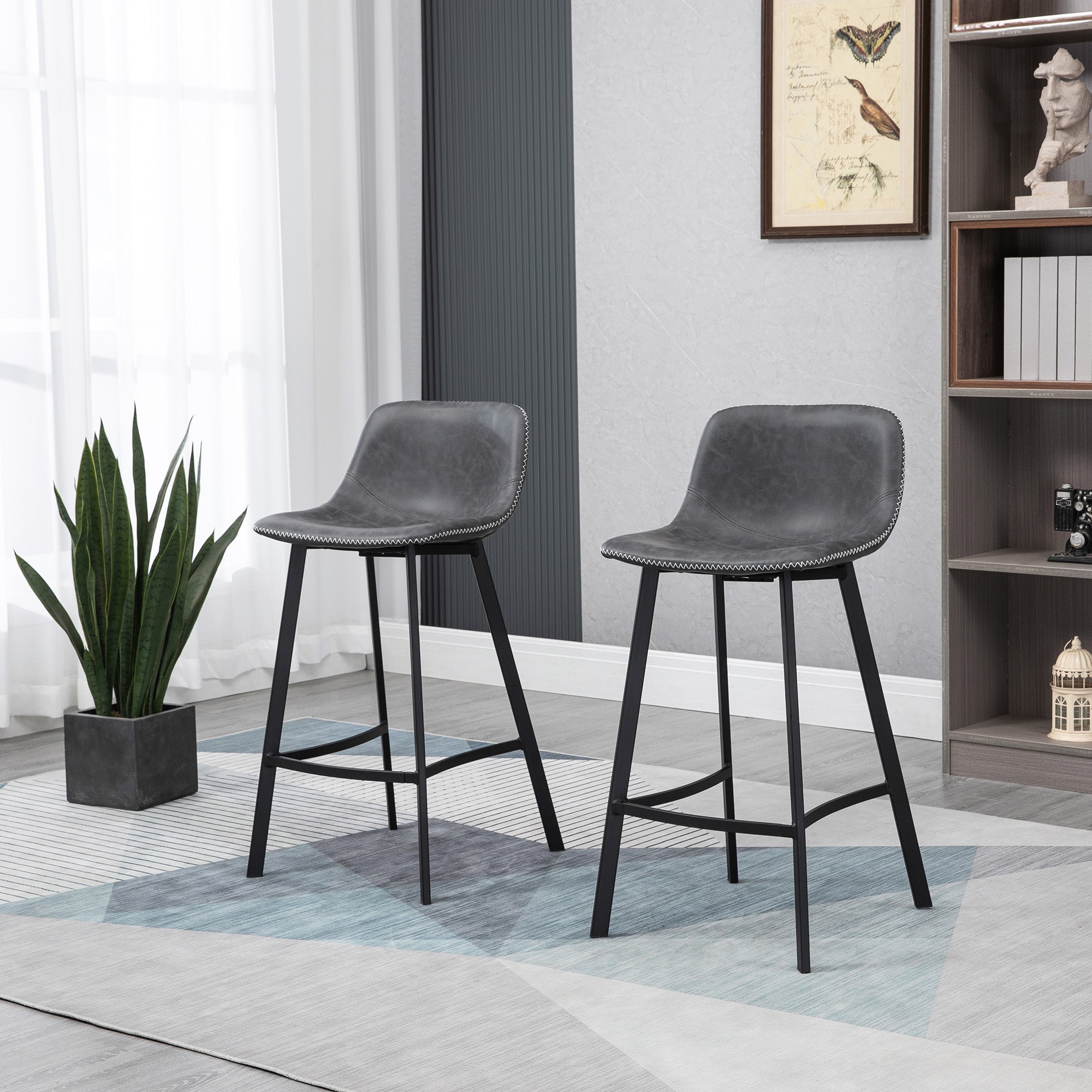 27.25" Counter Height Bar Stools Upholstered Armless Bar Chairs with Back Steel Legs Gray