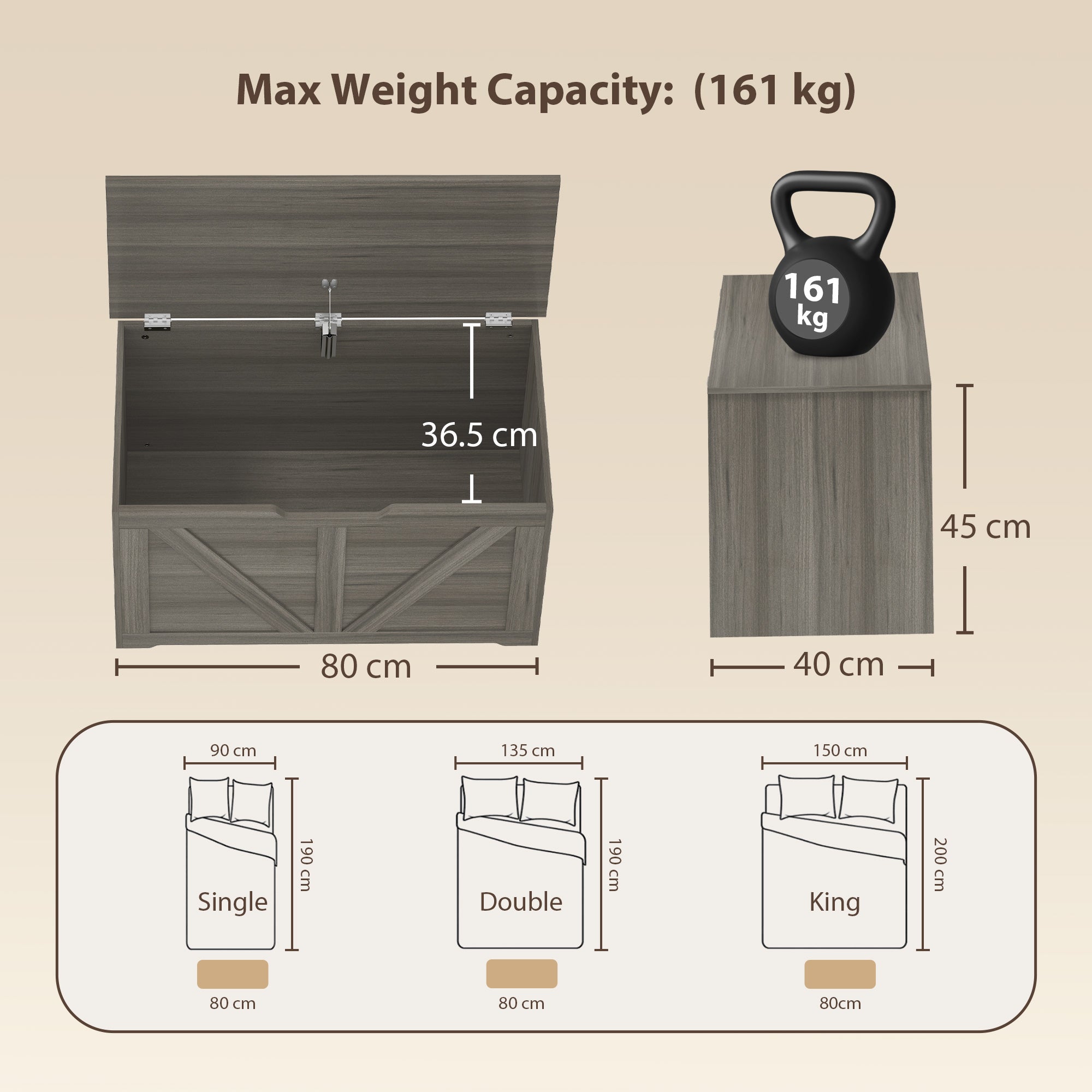 100L Storage Chest, Shoe Storage Trunk Bench Box with Safety Hinge and U-shaped Cut-out Pull, Blanket Box Ottoman for Bedroom, Living Room, Entryway, 80 x 40 x 45 cm, Dark Grey Wood-Effect
