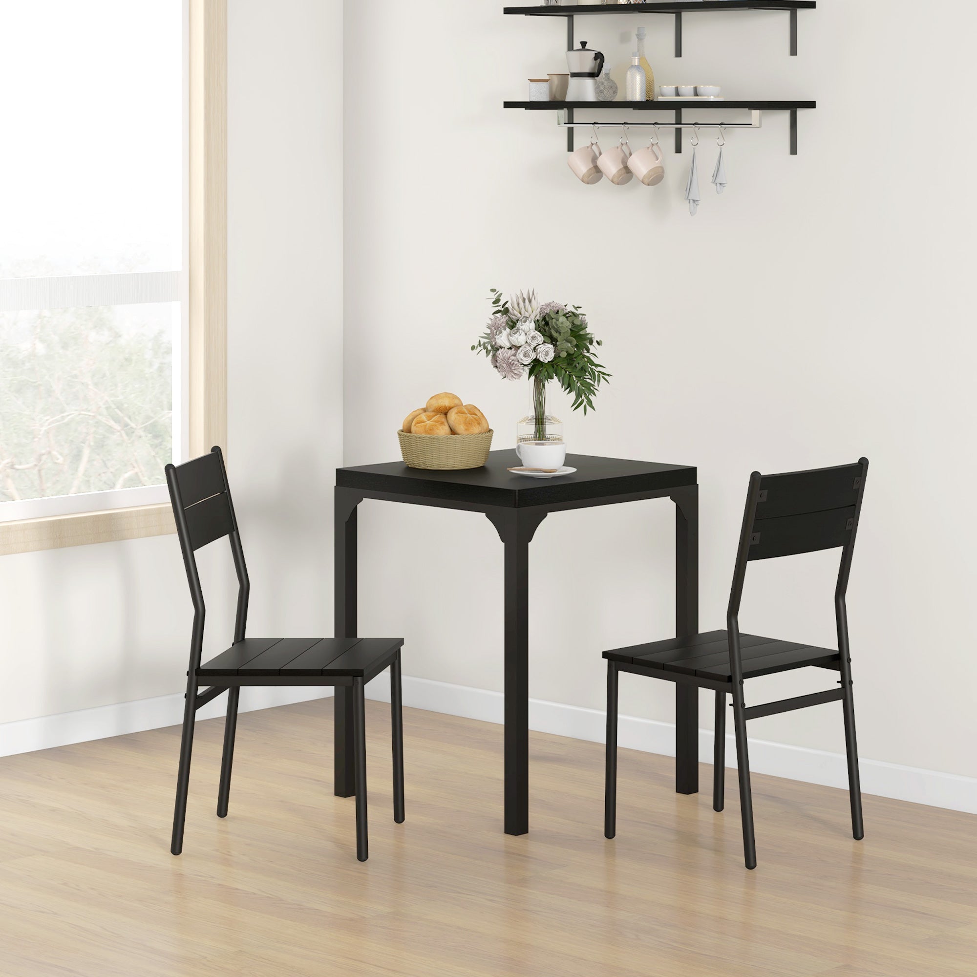 3 Piece Dining Room Set for 2, Dining Table Set for Breakfast Nook, Small Space, Apartment, Space Saving, Black