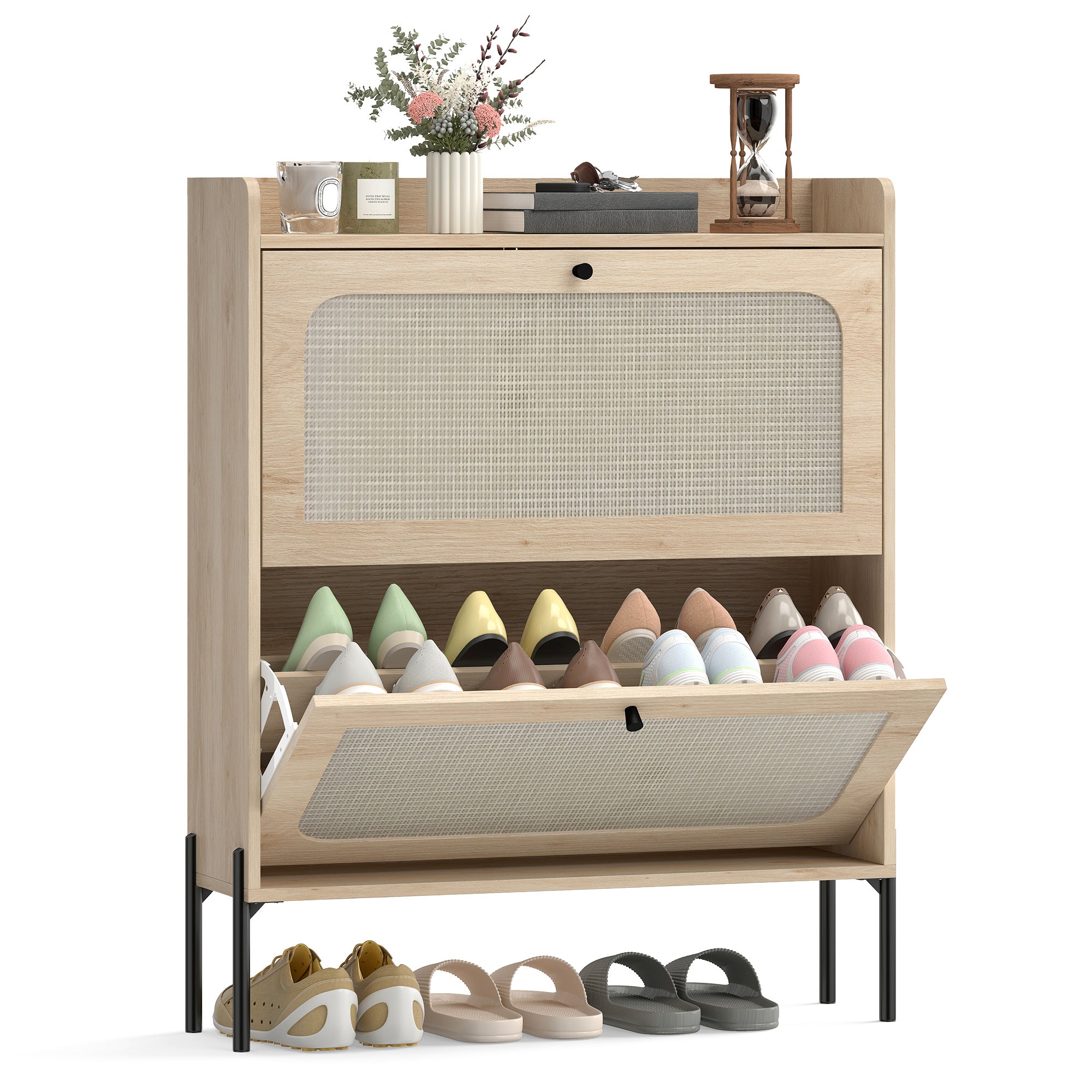 Shoe Cabinet with 2 Flip Drawers, Narrow Shoe Storage Cabinet with Adjustable Shelves, Raised Tabletop, Rattan Accent, Boho Storage Organizer for Entryway, Hallway, Holds 12-16 Pairs, Oak