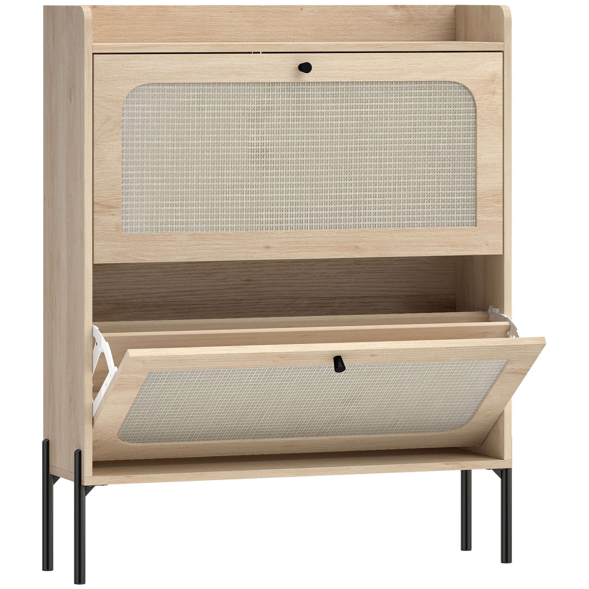 Shoe Cabinet with 2 Flip Drawers, Narrow Shoe Storage Cabinet with Adjustable Shelves, Raised Tabletop, Rattan Accent, Boho Storage Organizer for Entryway, Hallway, Holds 12-16 Pairs, Oak