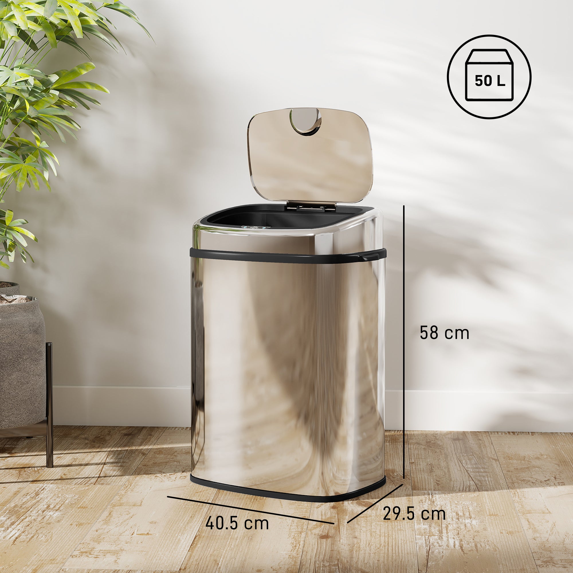 50L Sensor Bin with Soft-Close Lid, Automatic Touchless Motion Sensor Kitchen Bin with Fingerprint Resistant Stainless Steel for Hygienic Gyms, Home Office Use, Silver Tone