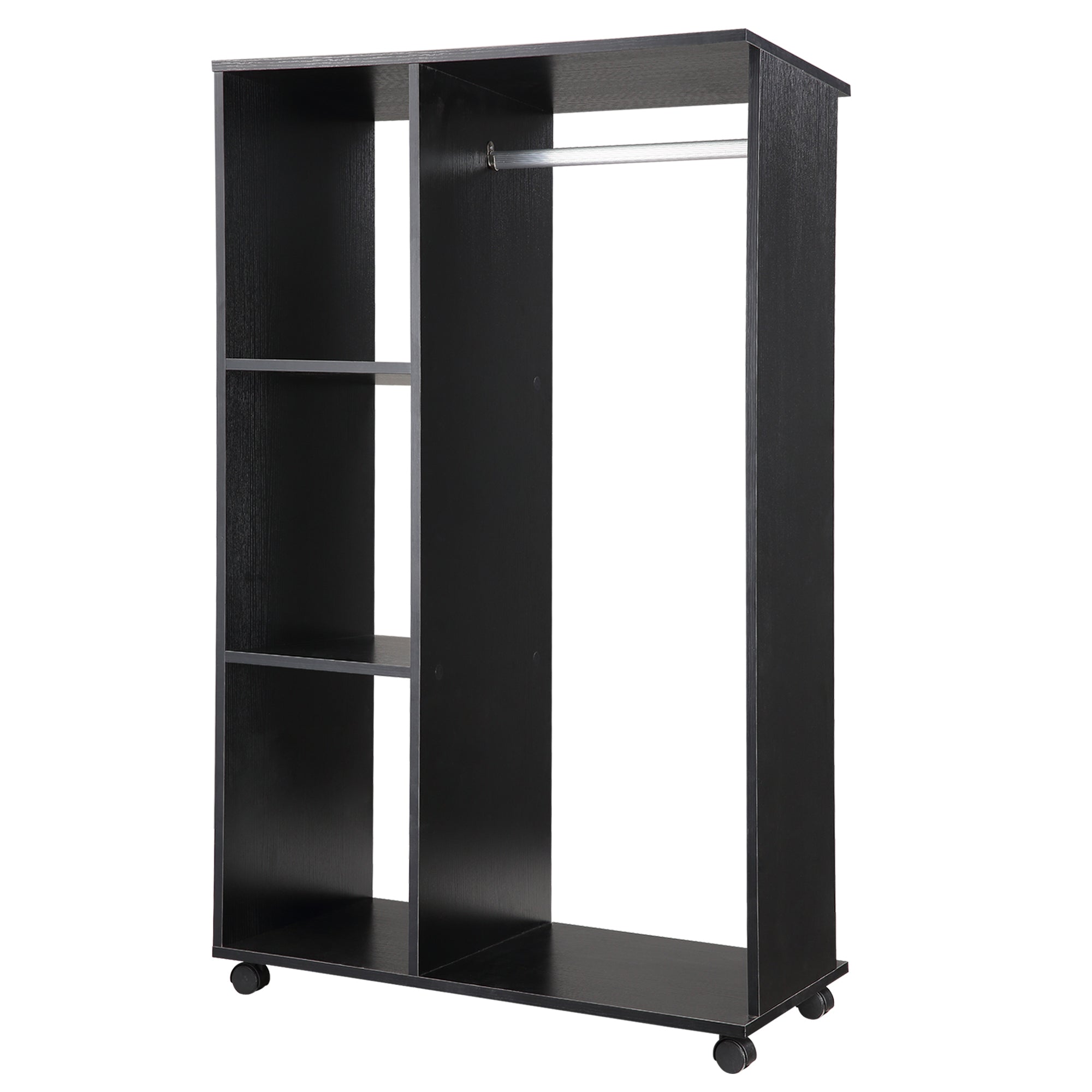 HOMCOM Open Wardrobe on Wheels with Clothes Rail, Bedroom Clothes Storage with Hanging Rod, 3 Storage Shelves, Mobile Garment Rack for Cloakroom, Hallway, Black