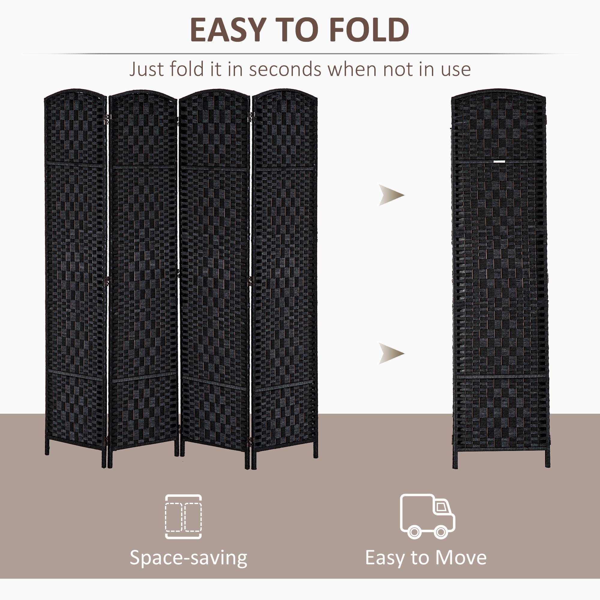 HOMCOM 4 Panels Room Divider, 6 Ft Tall Indoor Portable Folding Privacy Screens, Hand-Woven Double Hinged Freestanding Partition Wall Divider for Home Office, Black