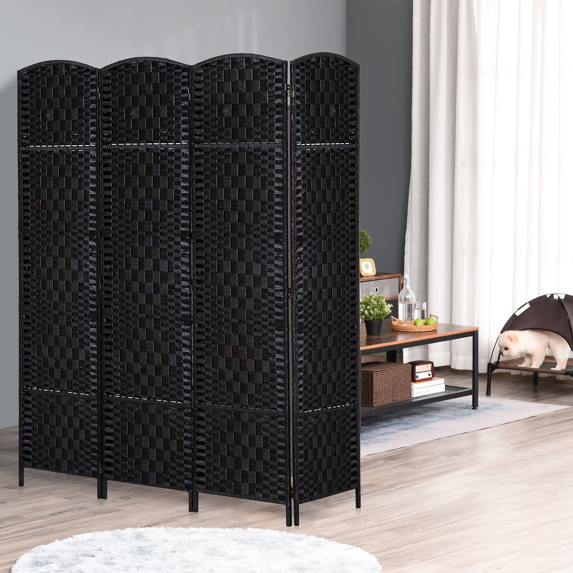 HOMCOM 4 Panels Room Divider, 6 Ft Tall Indoor Portable Folding Privacy Screens, Hand-Woven Double Hinged Freestanding Partition Wall Divider for Home Office, Black