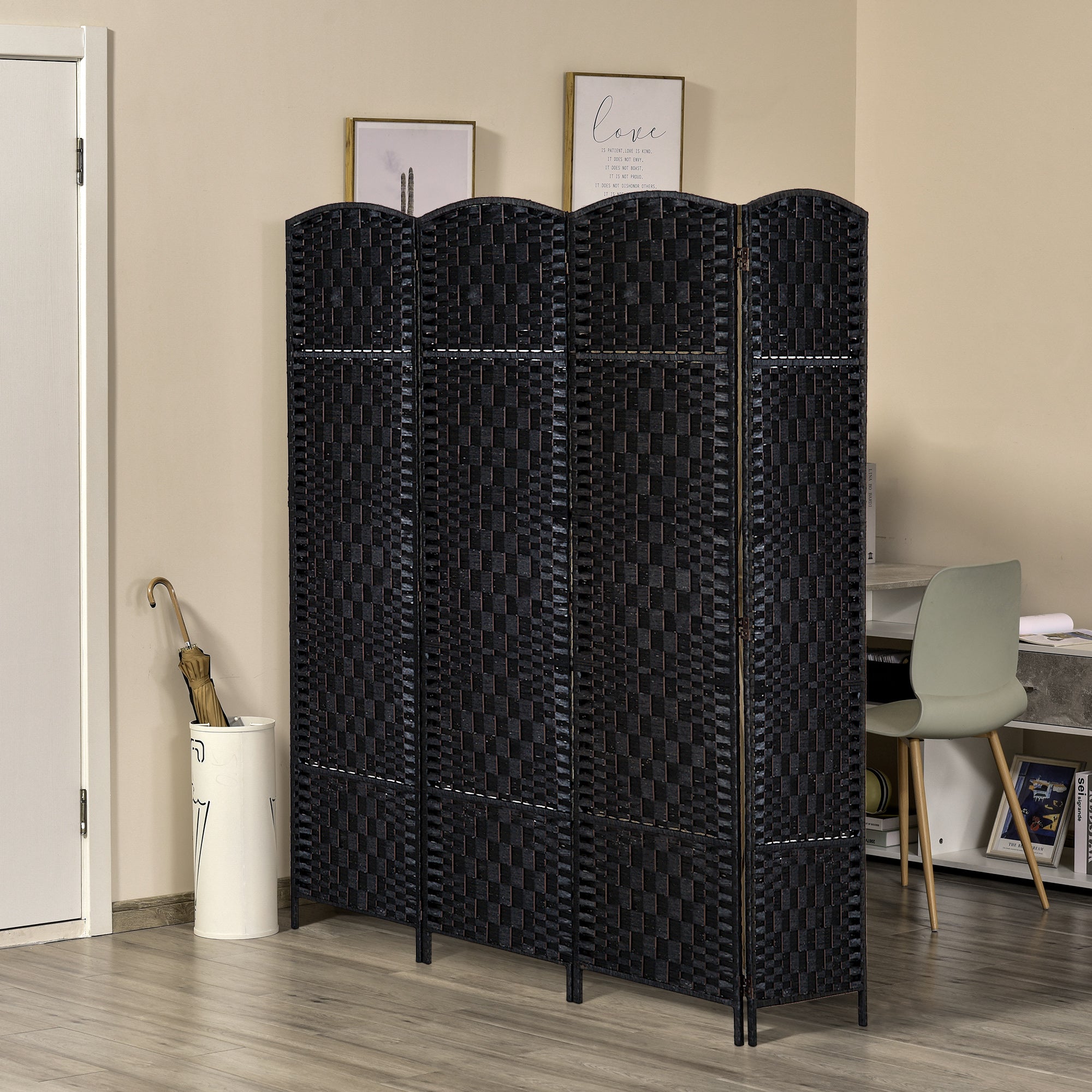 HOMCOM 4 Panels Room Divider, 6 Ft Tall Indoor Portable Folding Privacy Screens, Hand-Woven Double Hinged Freestanding Partition Wall Divider for Home Office, Black