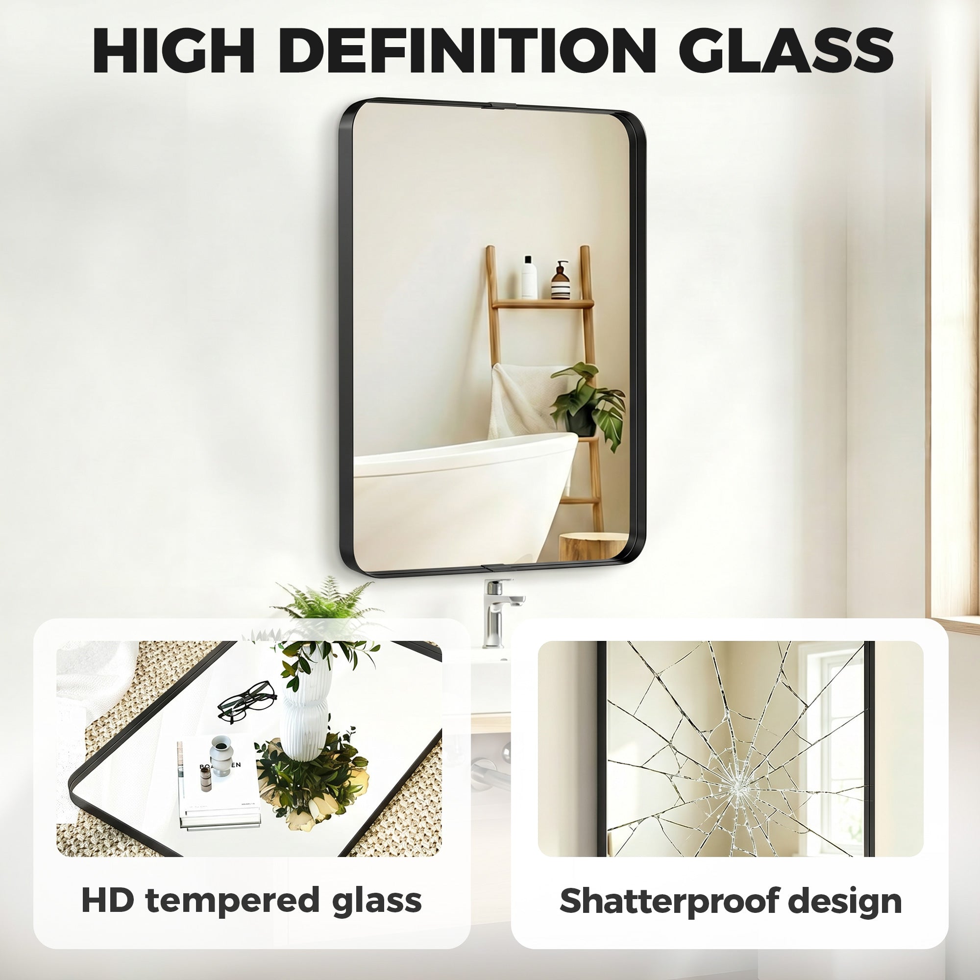 Rectangular Wall Mirror, 90 x 60 cm Wall Mounted Bathroom Mirror with Aluminium Alloy Frame and Tempered Glass for Hallway, Living Room, Bedroom, Black