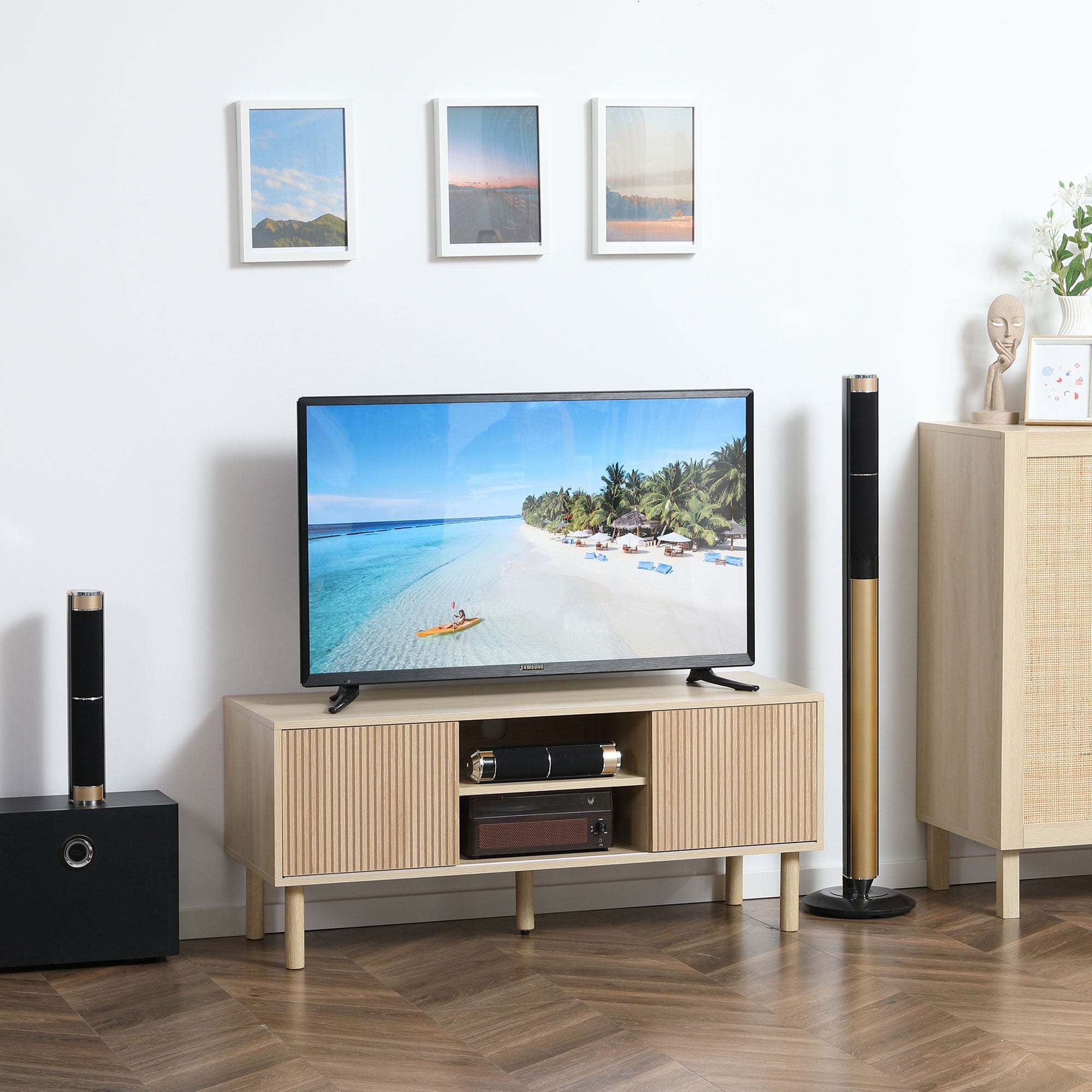 HOMCOM TV Stand Cabinet, TV Unit for TVs up to 50", TV Cabinet with Storage Shelves, Sliding Doors and Cable Holes for Living Room, Bedroom, Natural Wood Finish
