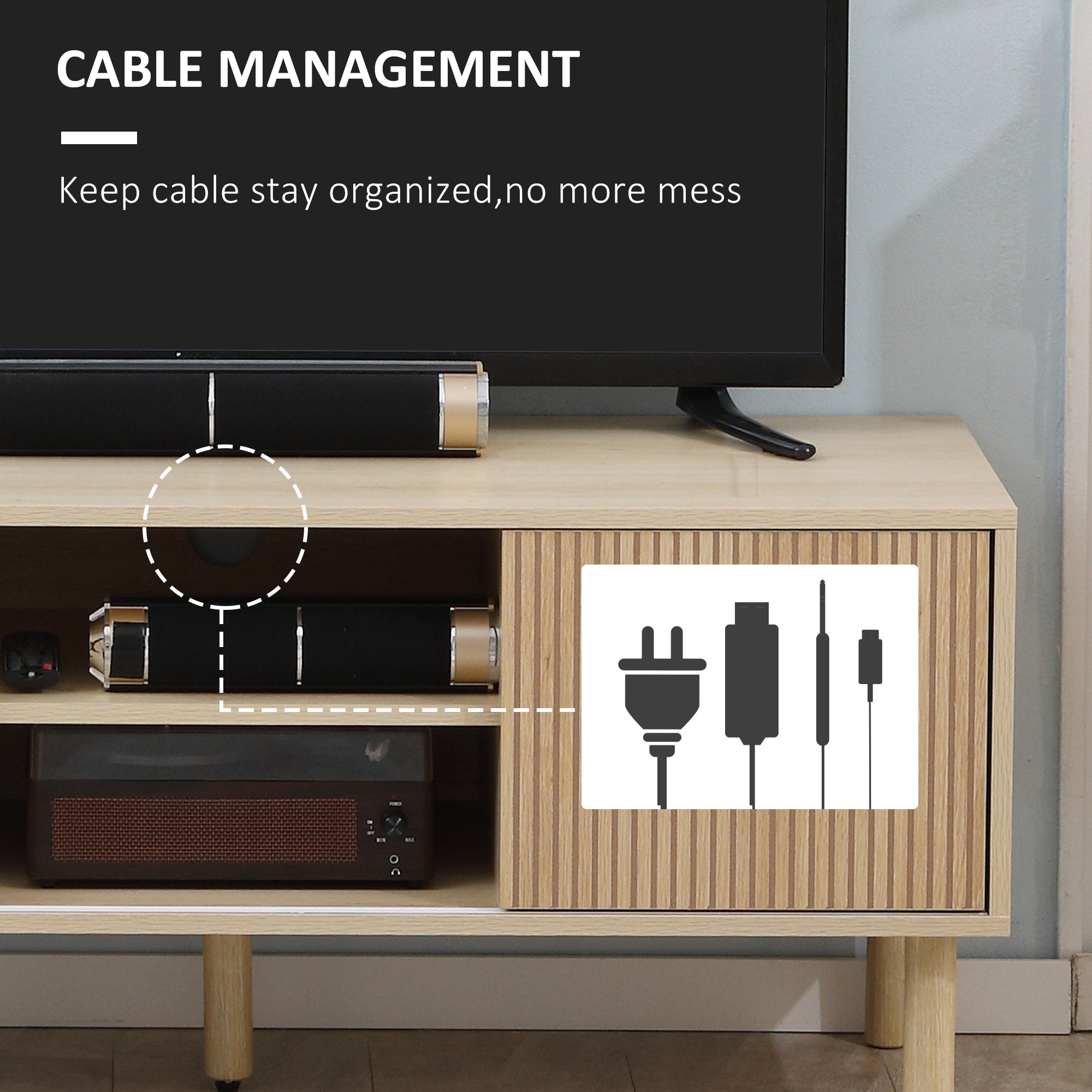 HOMCOM TV Stand Cabinet, TV Unit for TVs up to 50", TV Cabinet with Storage Shelves, Sliding Doors and Cable Holes for Living Room, Bedroom, Natural Wood Finish