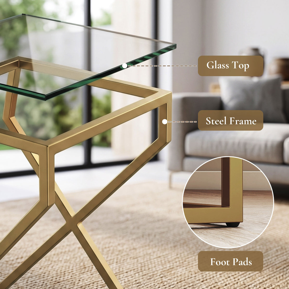 Nest of Tables, Side Table Set of 2 with Transparent Top, Coffee Table Set with Foot Pads, Steel Frame and Tempered Glass Top for Living Room Bedroom Office, Transparent
