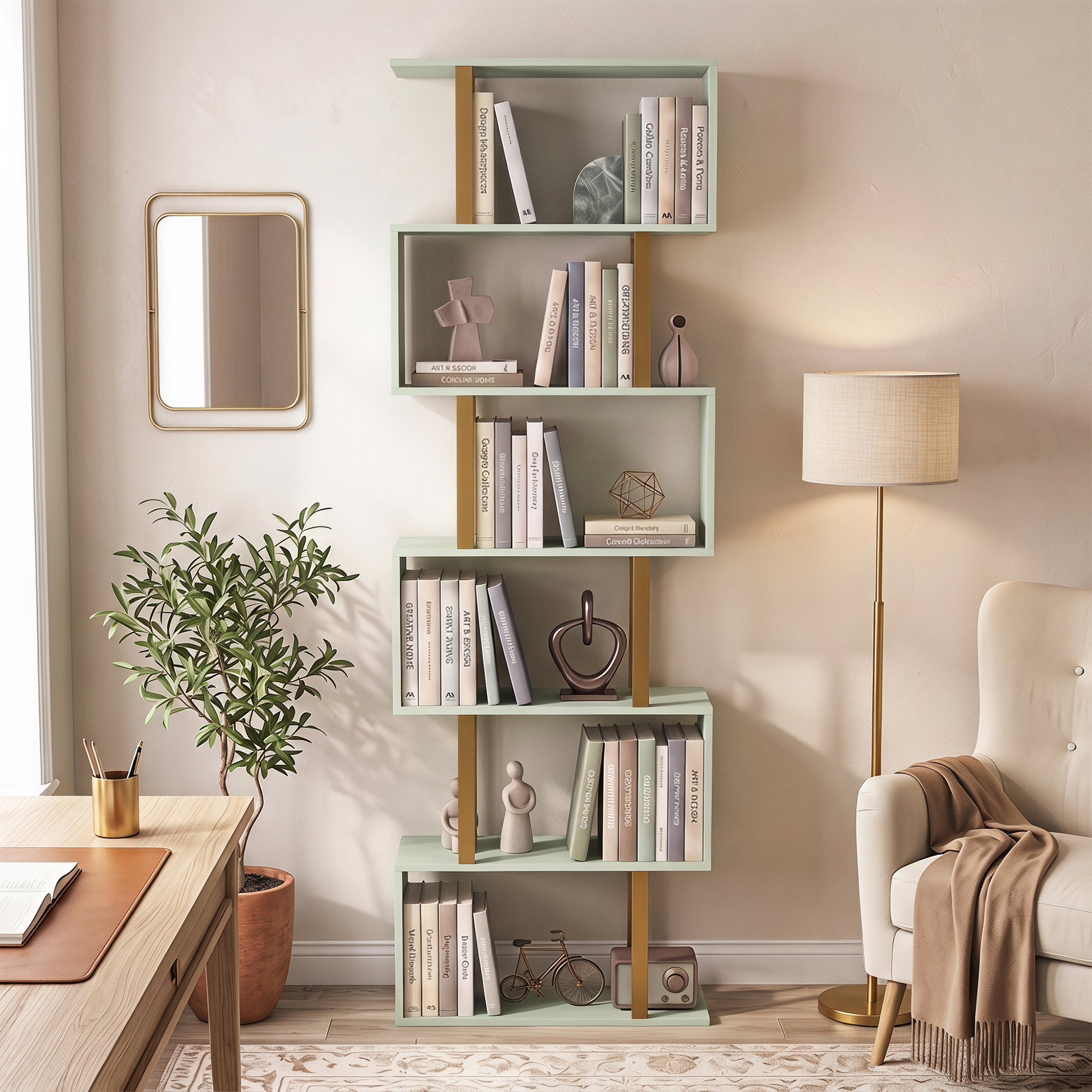 S-Shaped Bookshelf, 5-Tier Bookcase, Freestanding Storage Shelves with Anti-Tip Strap for Study, Living Room, Light Green