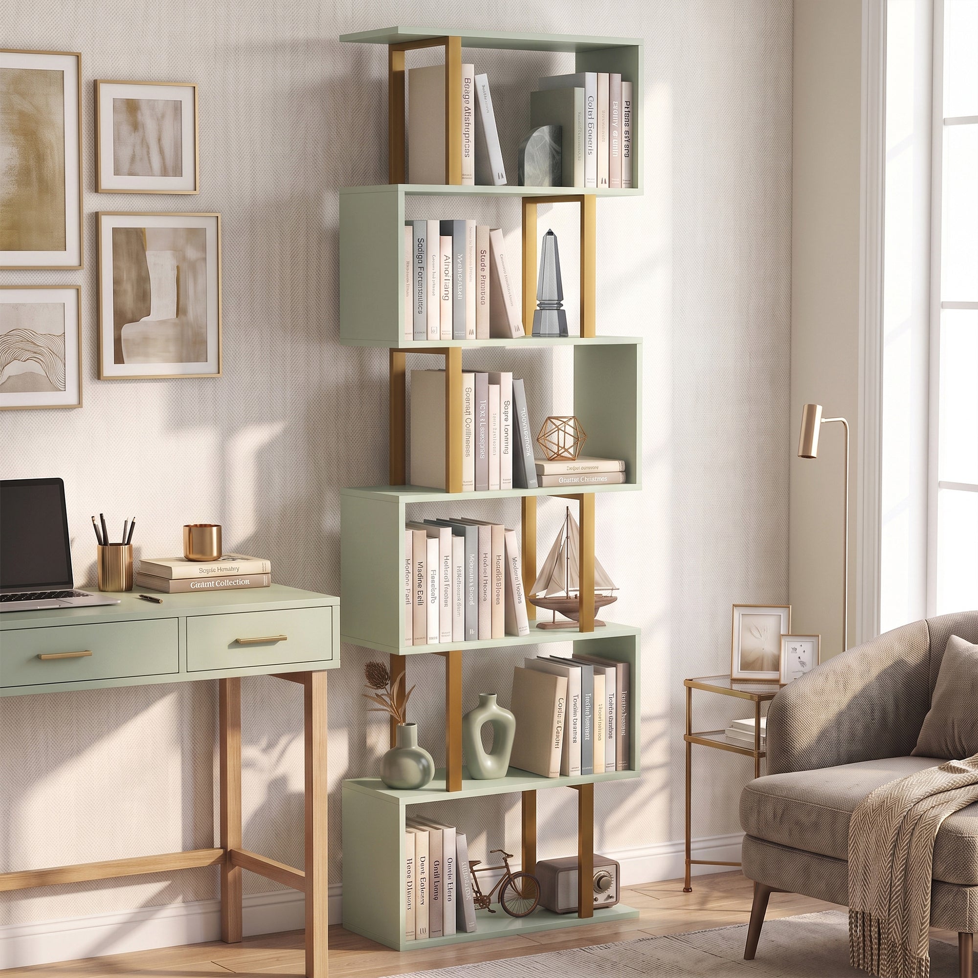 S-Shaped Bookshelf, 5-Tier Bookcase, Freestanding Storage Shelves with Anti-Tip Strap for Study, Living Room, Light Green