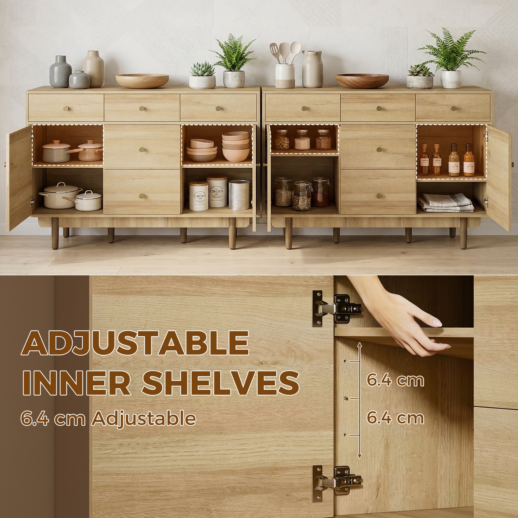 Modern Sideboard, Buffet Cabinet, Storage Cupboards with Adjustable Shelf, 5 Drawers and 2 Cabinets, 136 x 38 x 80 cm, for Living Room, Kitchen, Dining Room