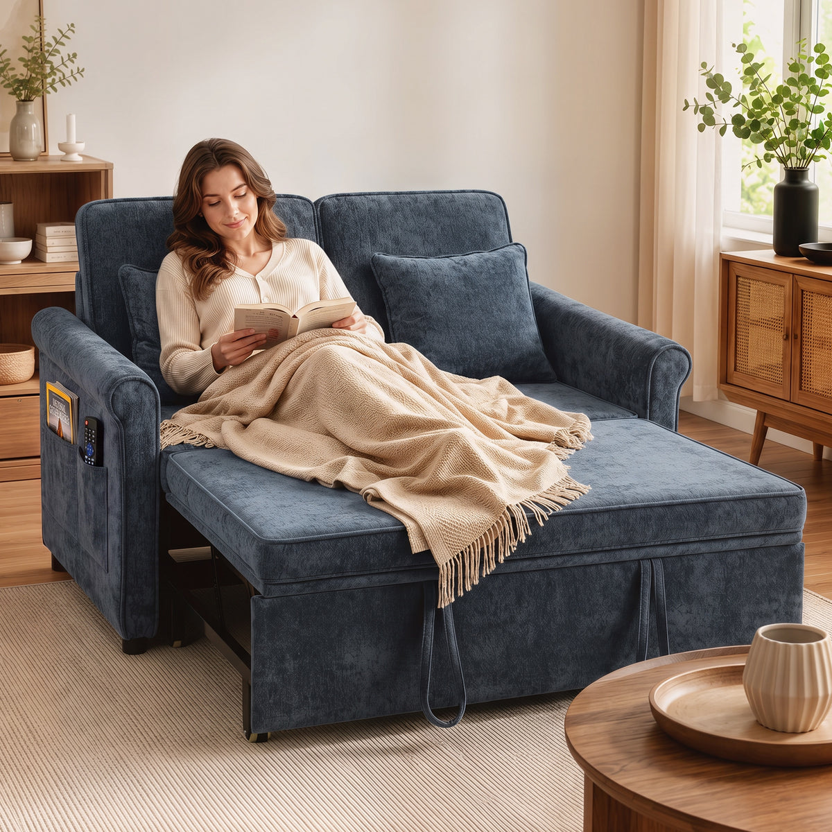 2 Seater Sofa Bed, 3-in-1 Convertible Pull Out Double Sleeper Sofa 190 x 130 cm, 5-Position Adjustable Backrest, Chenille Loveseat Bed Settee for Living Room, Bedroom, Guest Room, Dark Blue
