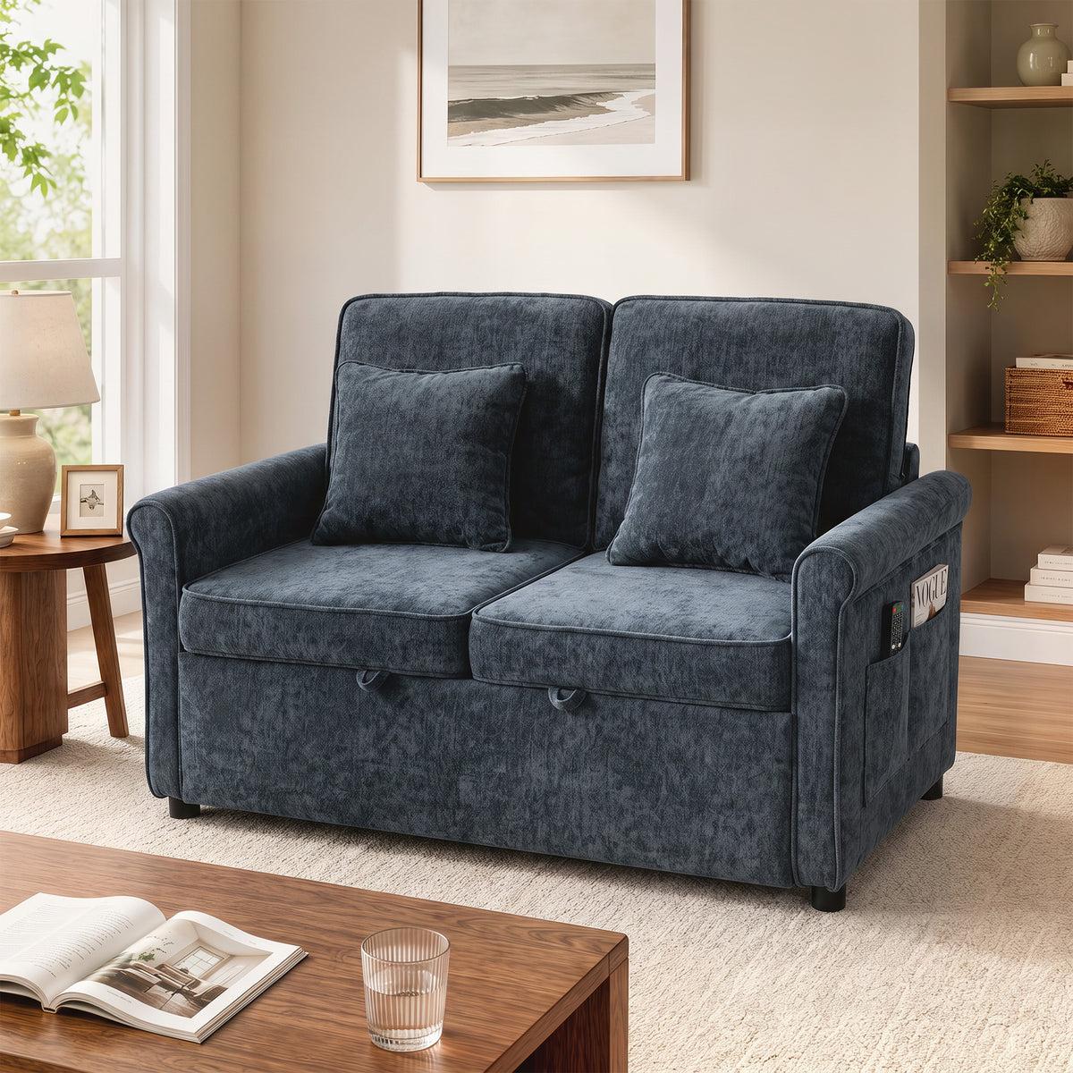 2 Seater Sofa Bed, 3-in-1 Convertible Pull Out Double Sleeper Sofa 190 x 130 cm, 5-Position Adjustable Backrest, Chenille Loveseat Bed Settee for Living Room, Bedroom, Guest Room, Dark Blue