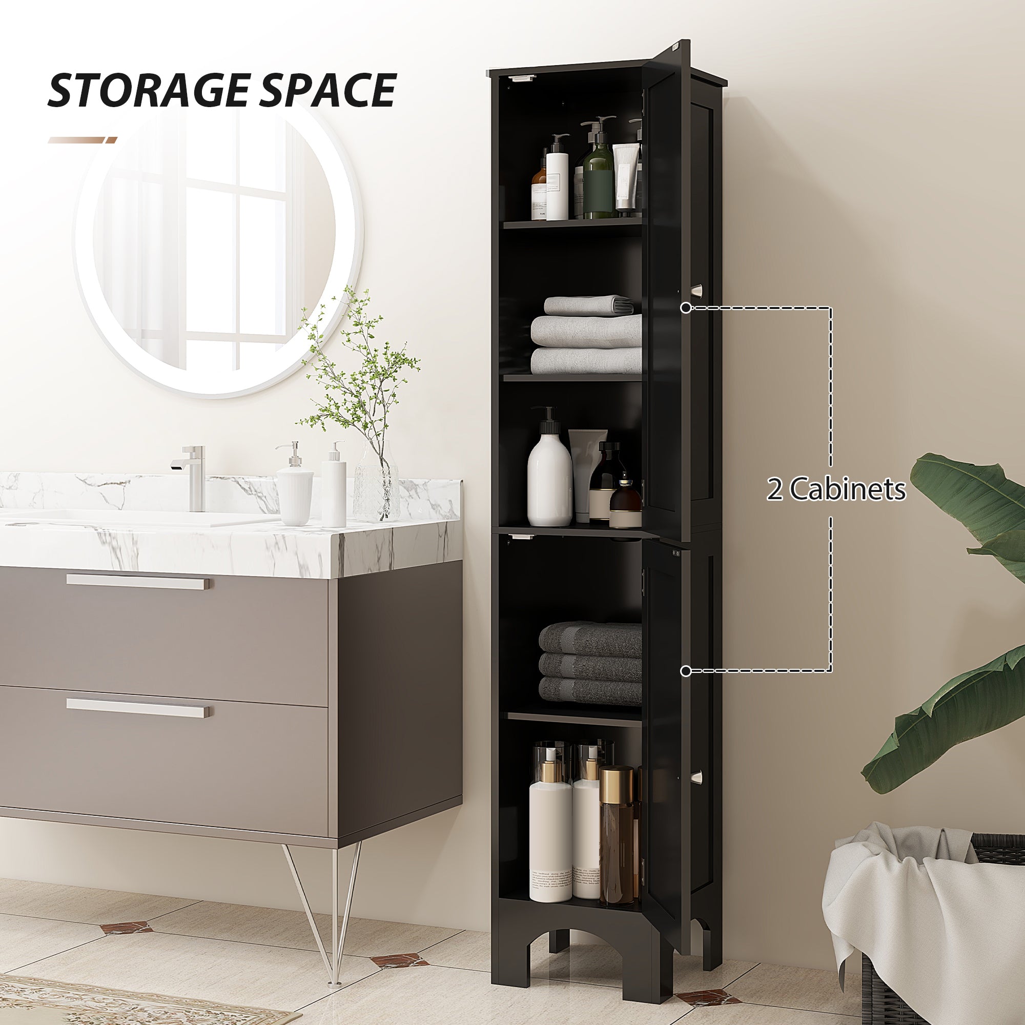 HOMCOM Tall Bathroom Storage Cabinet, Slim Bathroom Cabinet with Storage Shelves, Narrow Floor Cabinet with Doors for Kitchen, Laundry, Living Room, Black