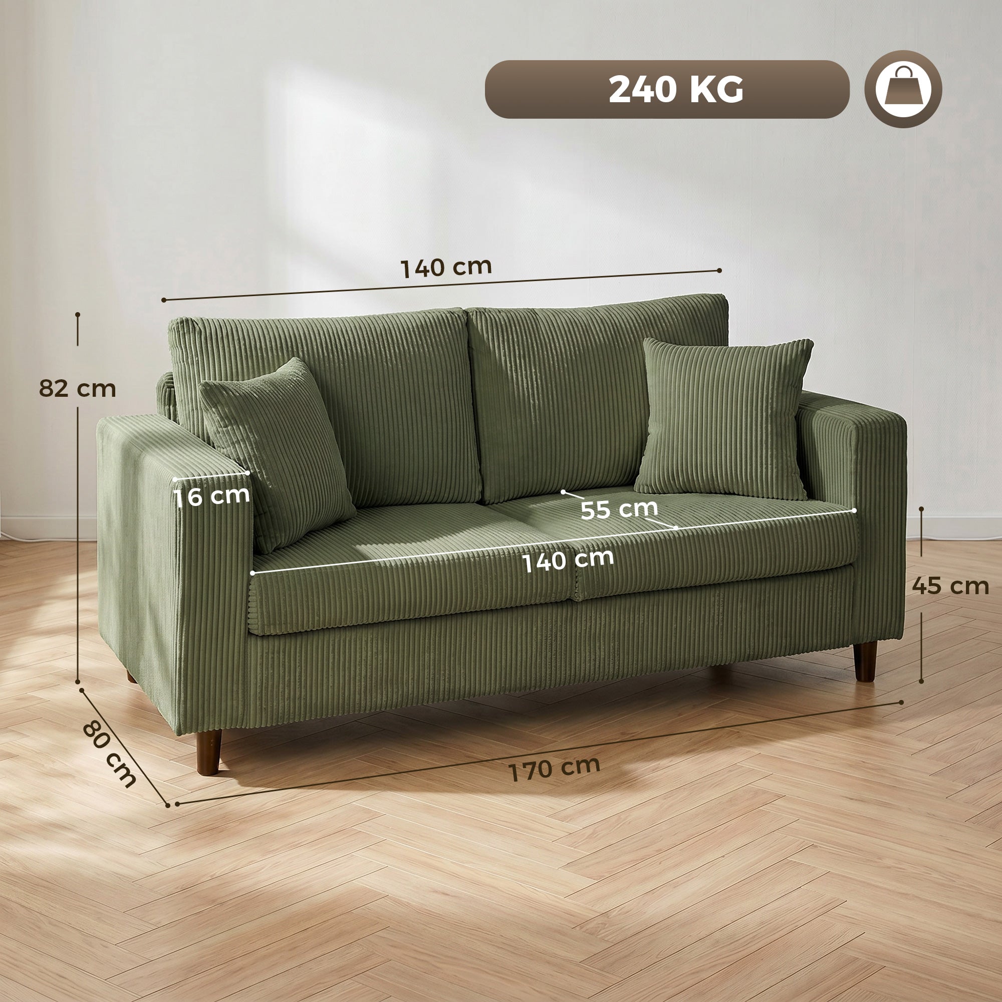 2 Seater Sofa, 170 cm Comfy Corduroy Couch with Wide Deep Seat, Wide Armrests, Spring Cushion, Thick Padded, Solid Wood Legs, Loveseat Sofa for Living Room, Green