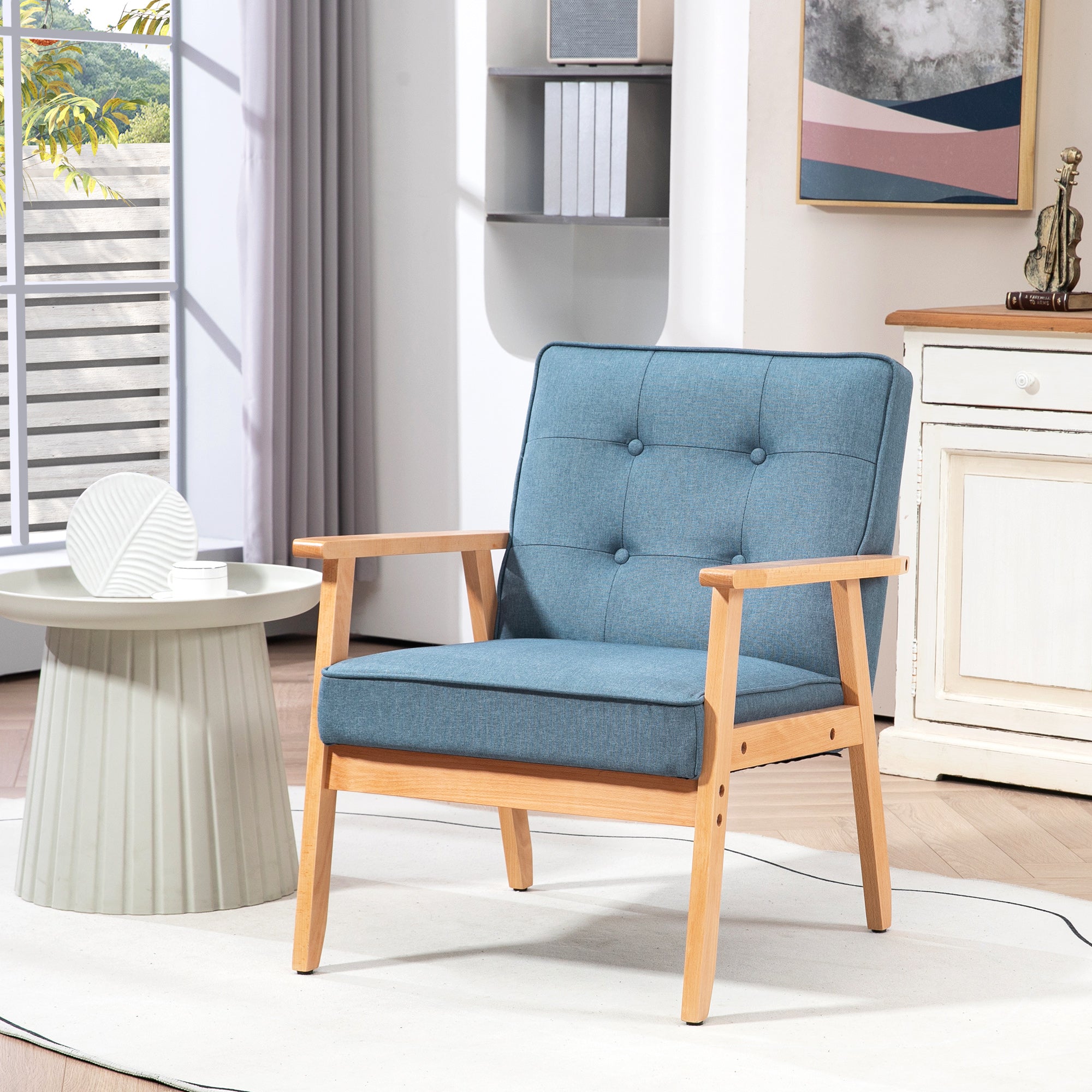 HOMCOM Fabric Accent Chair, Tufted Armchair, Modern Living Room Chair with Wood Legs and Thick Padding for Bedroom, Blue