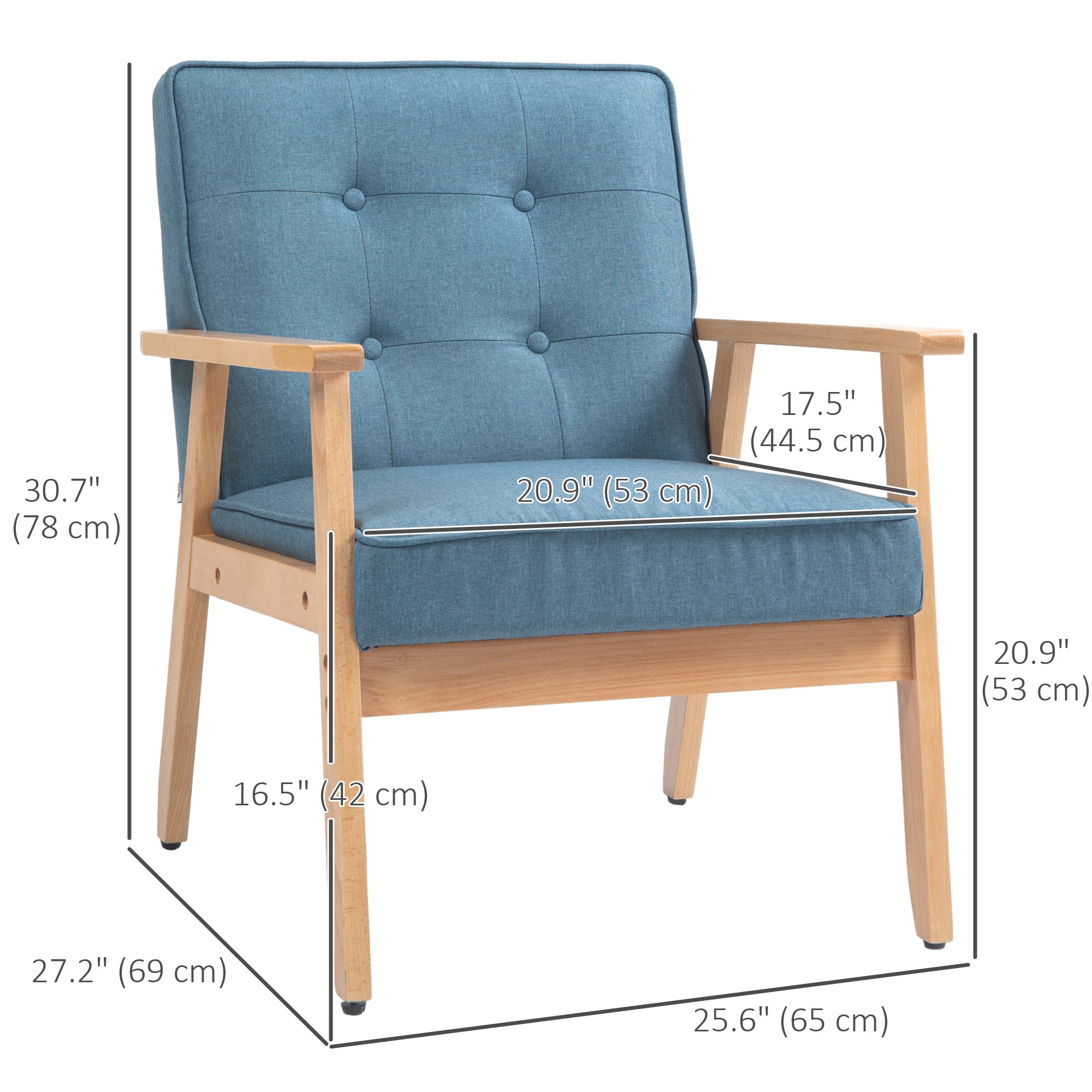 HOMCOM Fabric Accent Chair, Tufted Armchair, Modern Living Room Chair with Wood Legs and Thick Padding for Bedroom, Blue