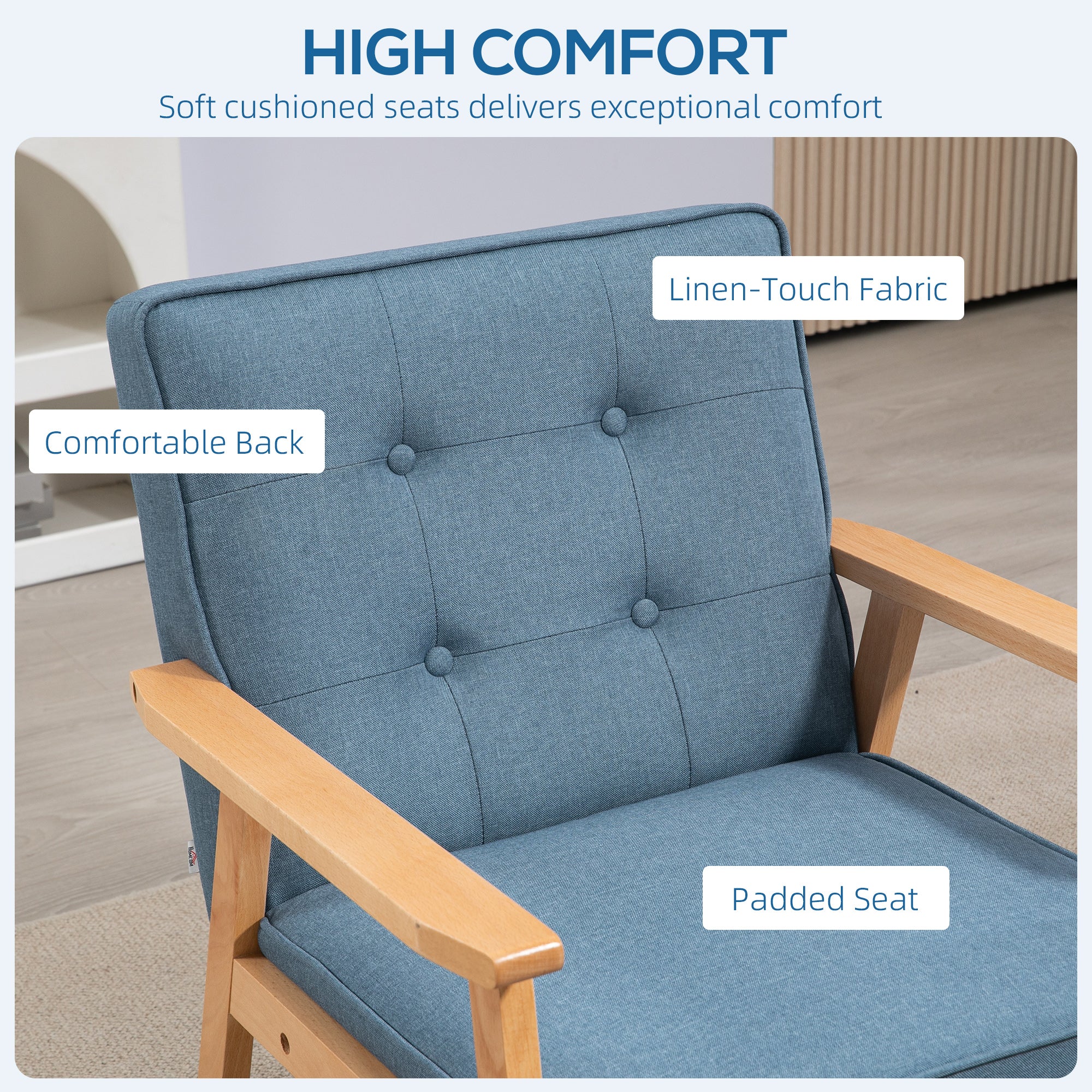 HOMCOM Fabric Accent Chair, Tufted Armchair, Modern Living Room Chair with Wood Legs and Thick Padding for Bedroom, Blue