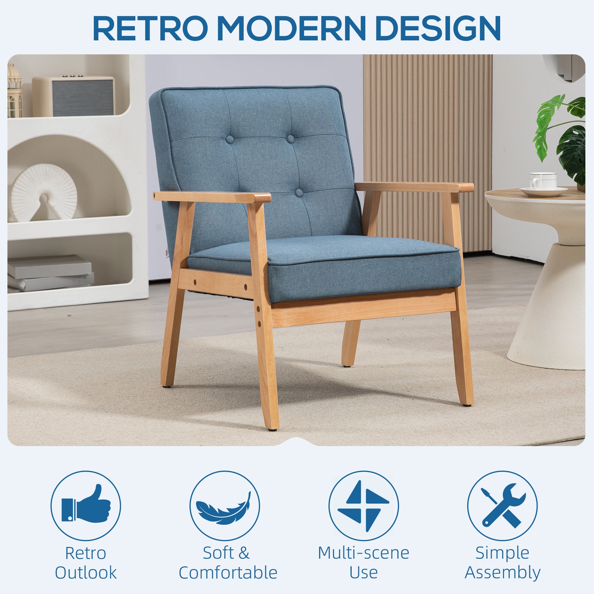 HOMCOM Fabric Accent Chair, Tufted Armchair, Modern Living Room Chair with Wood Legs and Thick Padding for Bedroom, Blue