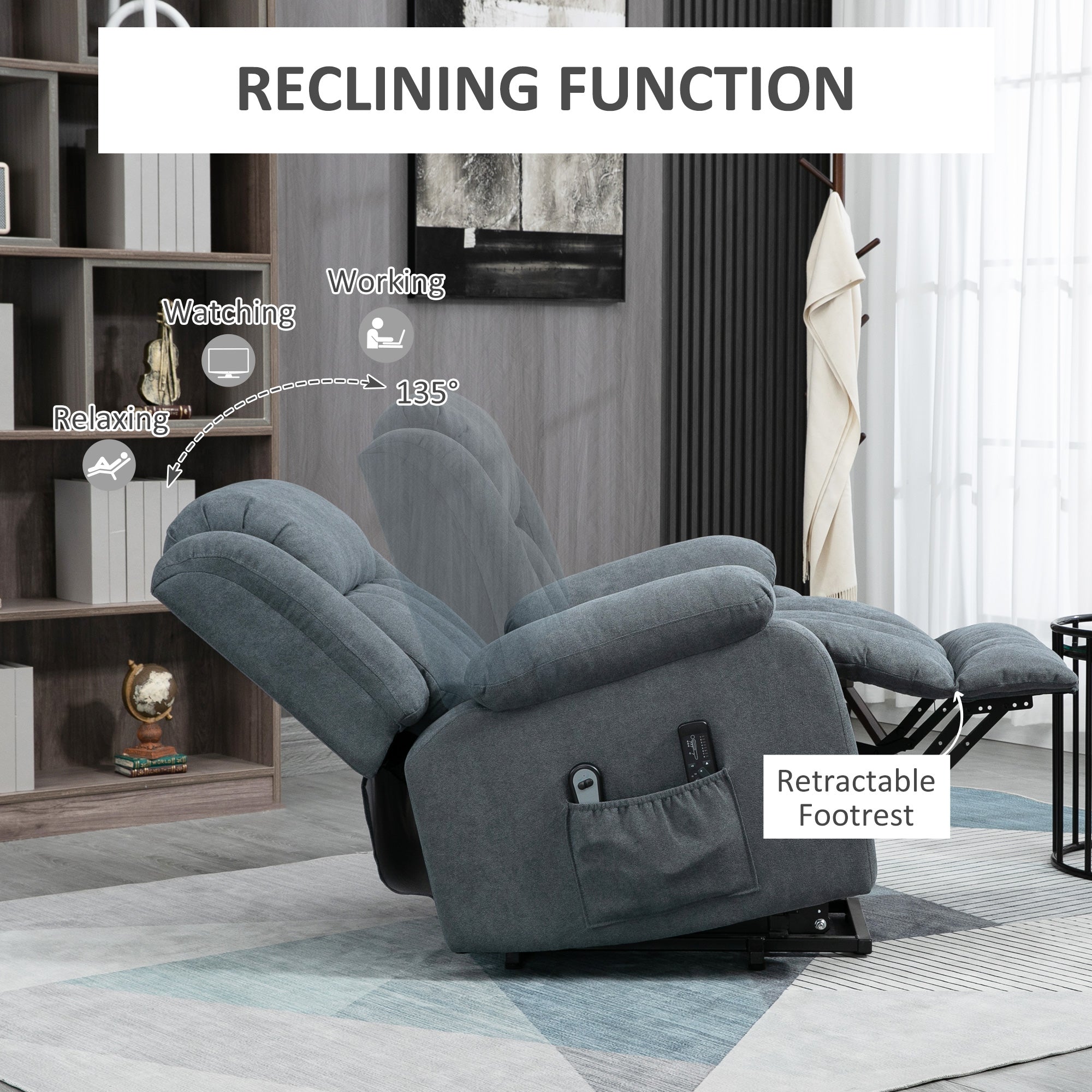 Power Lift Chair For Elderly Big And Tall With Massage Linen Fabric Recliner Sofa With Remote Grey