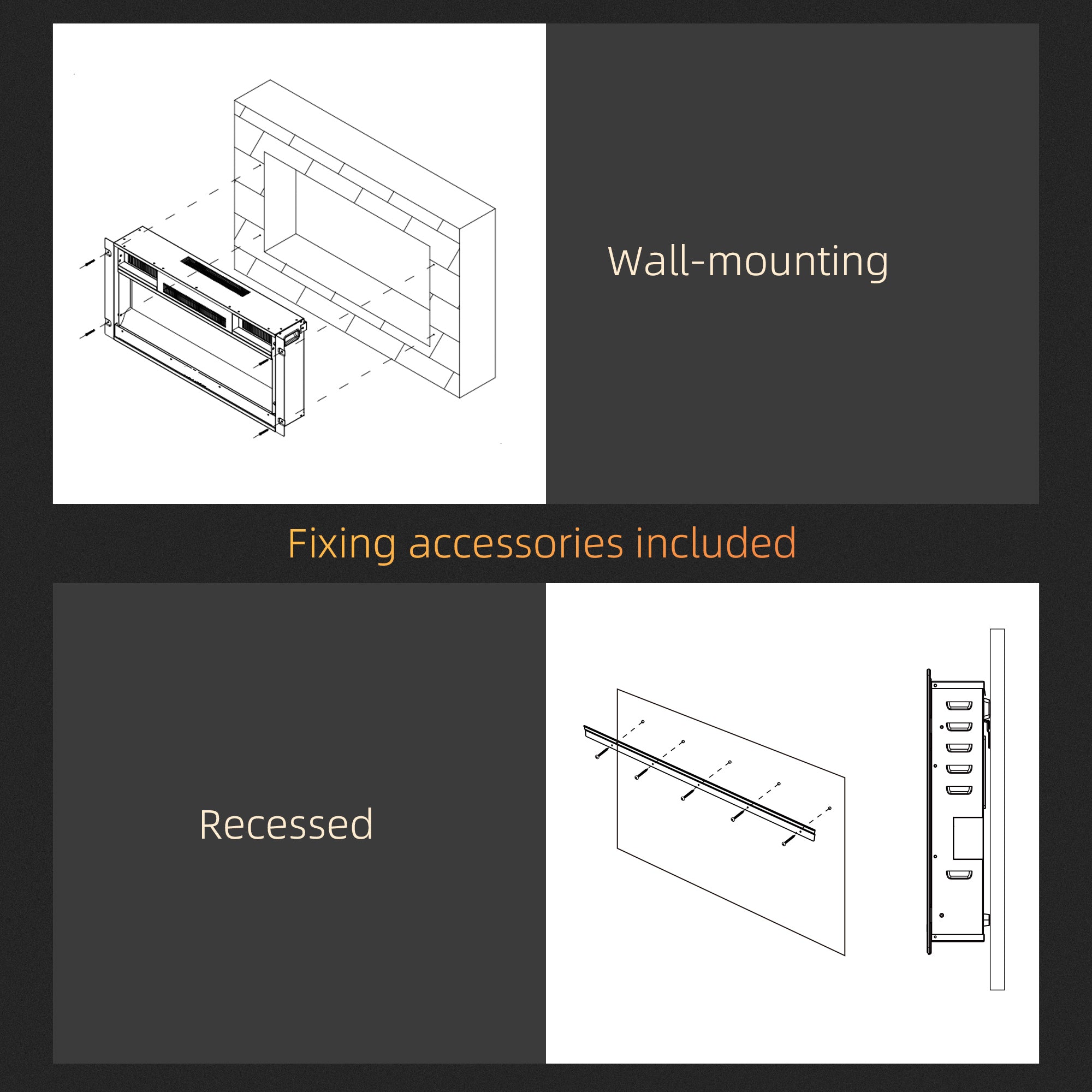 60" Electric Fireplace Recessed and Wall Mounted 1500W Ultra thin with Adjustable Flame Black