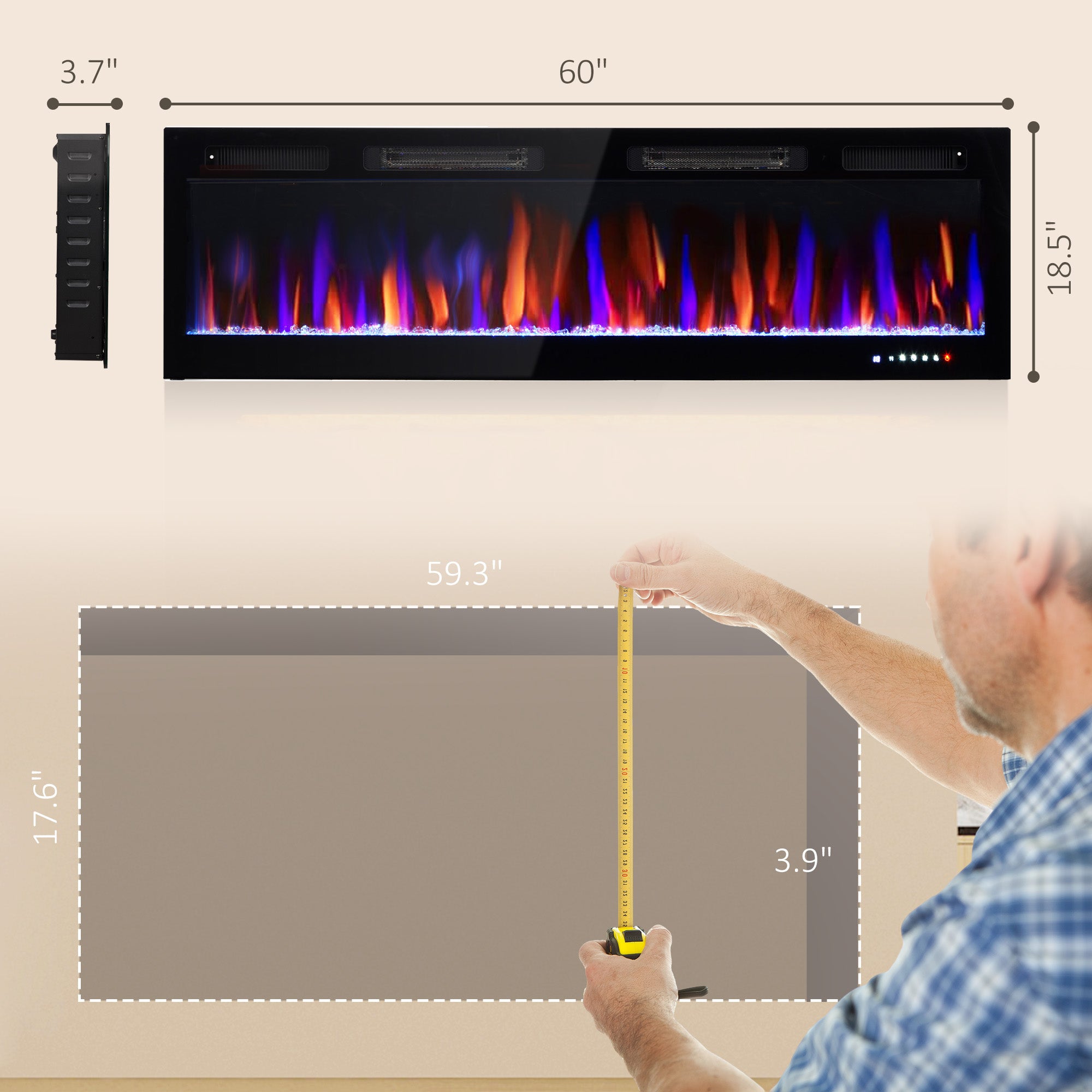 60" Electric Fireplace Recessed and Wall Mounted 1500W Ultra thin with Adjustable Flame Black