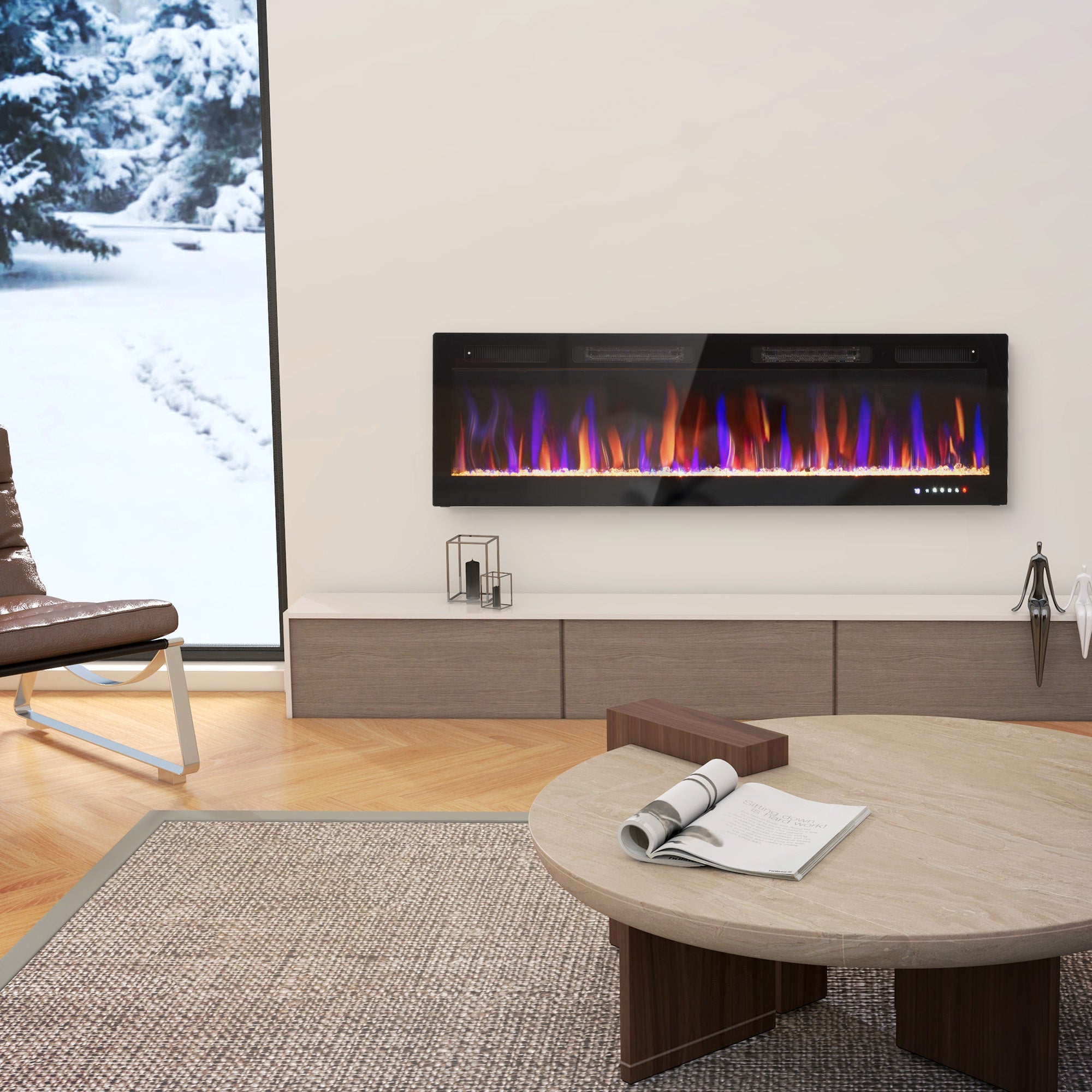 60" Electric Fireplace Recessed and Wall Mounted 1500W Ultra thin with Adjustable Flame Black