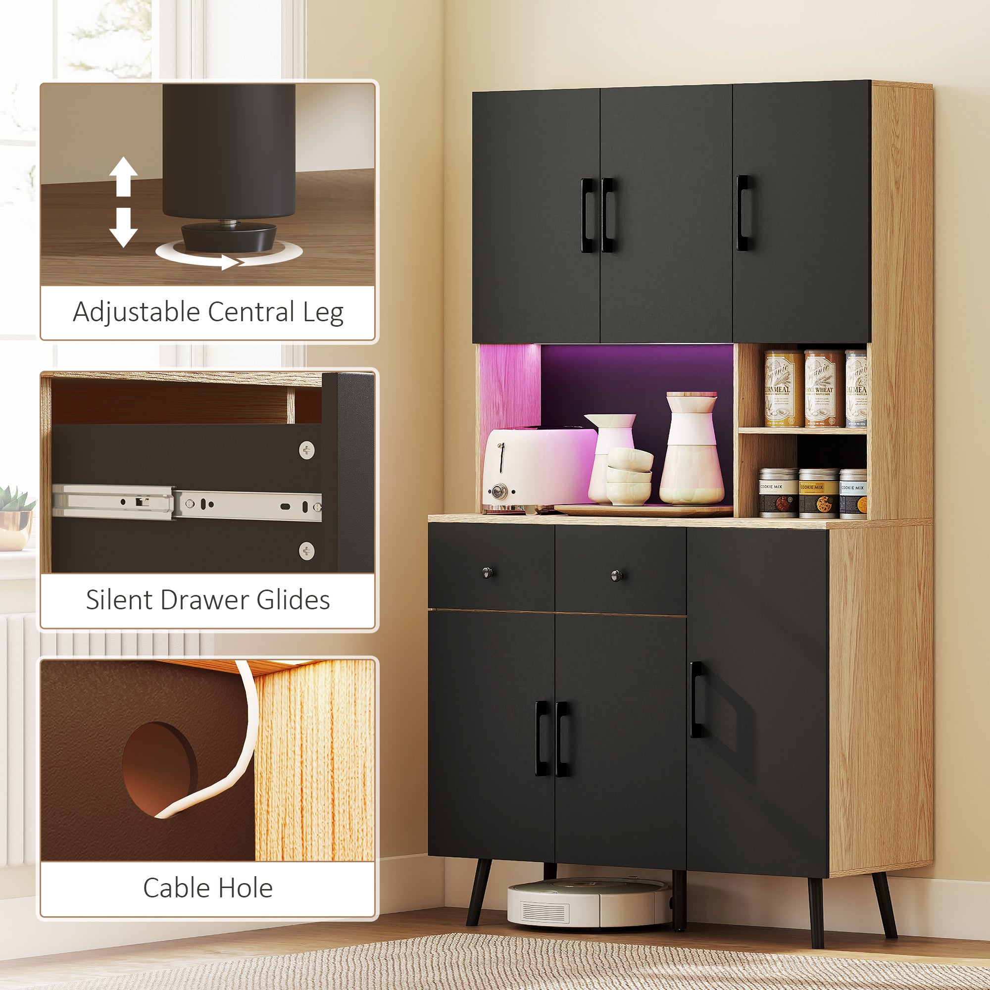 176 cm Tall Kitchen Cupboard with RGB LED Lights, Freestanding 6-Door Kitchen Storage Cabinet with 2 Drawers, Adjustable Shelves, Open Countertop and Cable Hole, Oak and Black