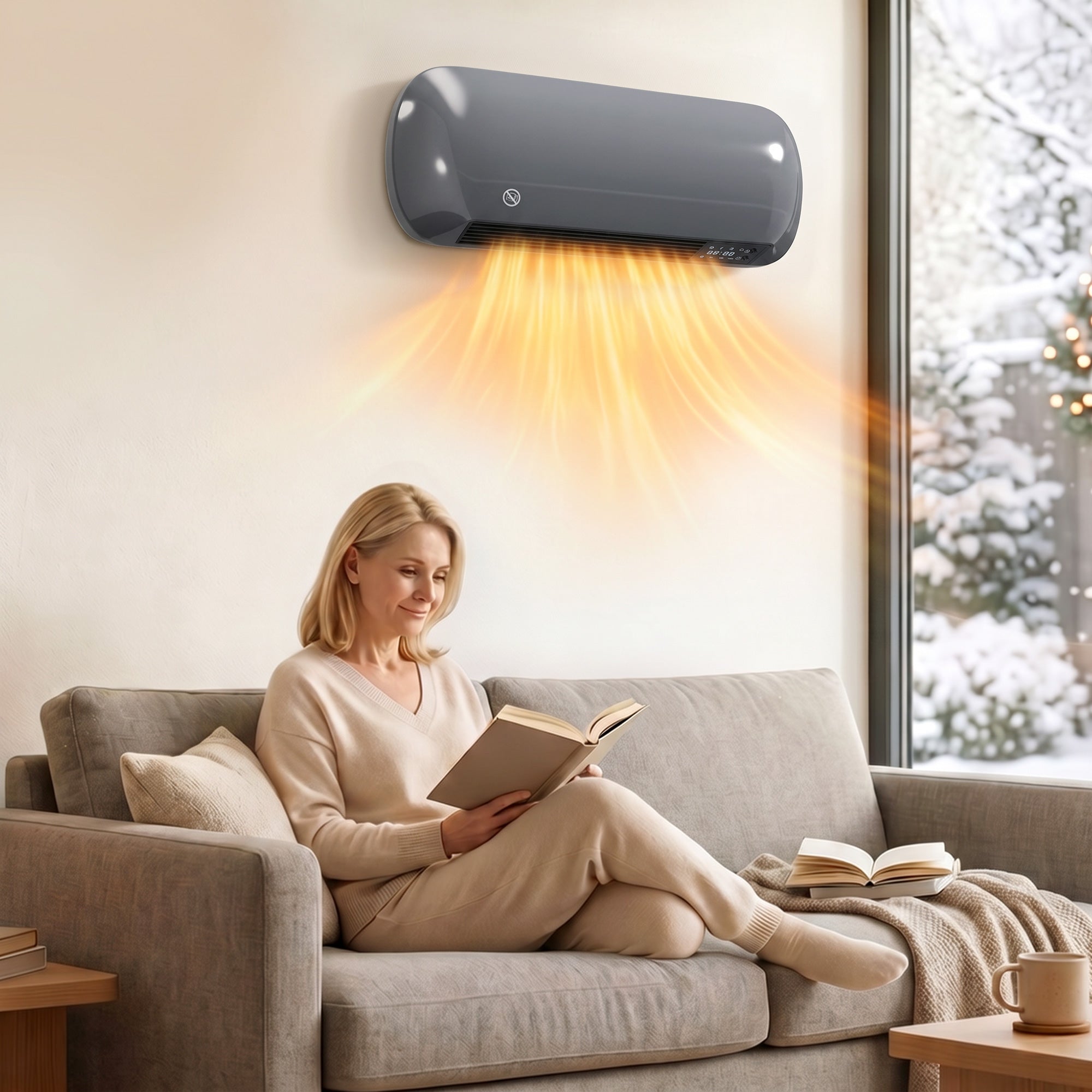 Electric Heater, 2000W Ceramic Space Heater, Wall Mounted, with Fan, Adjustable Thermostat, Weekly Timer, Open Window Alert, 24H Timer, Remote Control, Grey