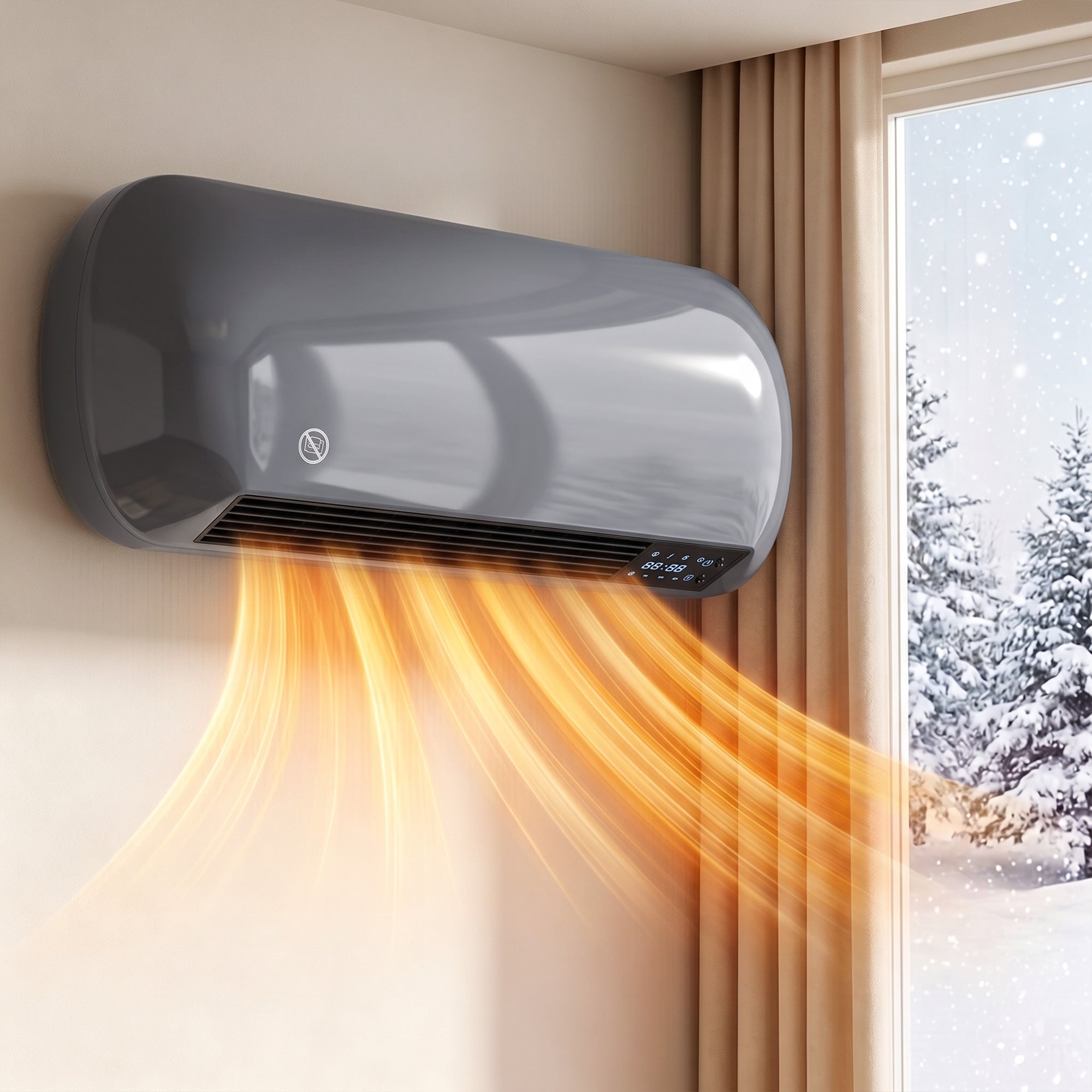 Electric Heater, 2000W Ceramic Space Heater, Wall Mounted, with Fan, Adjustable Thermostat, Weekly Timer, Open Window Alert, 24H Timer, Remote Control, Grey