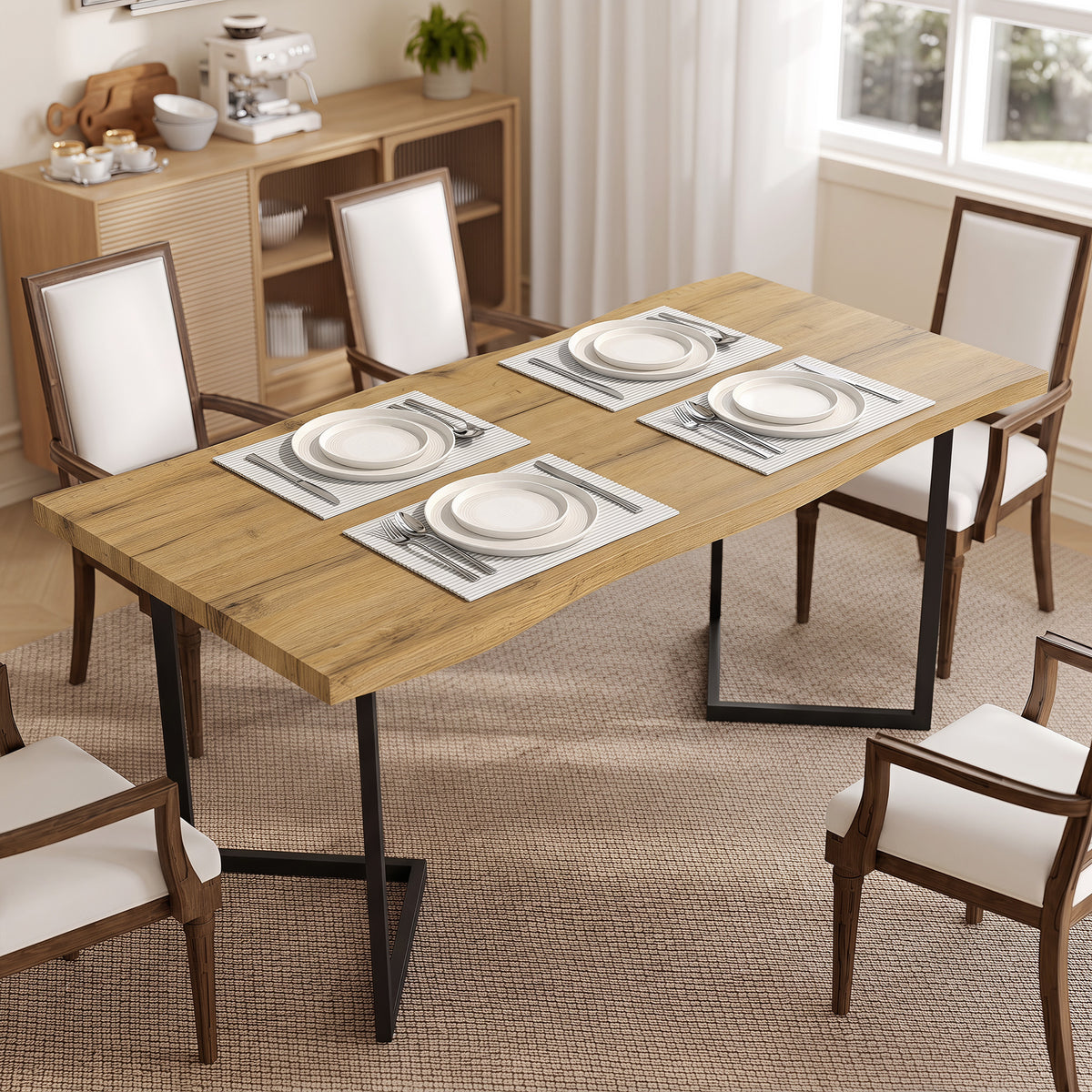 Rectangle Dining Table for 4 People, Modern Kitchen Table with Thick Tabletop and Metal Legs for Dining Room, Living Room, Kitchen, Oak Wood Grain
