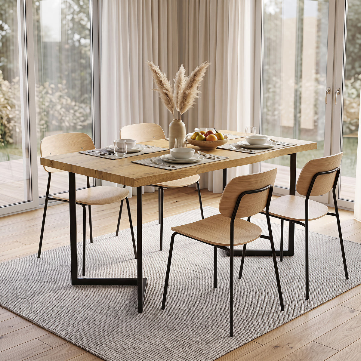 Rectangle Dining Table for 4 People, Modern Kitchen Table with Thick Tabletop and Metal Legs for Dining Room, Living Room, Kitchen, Oak Wood Grain