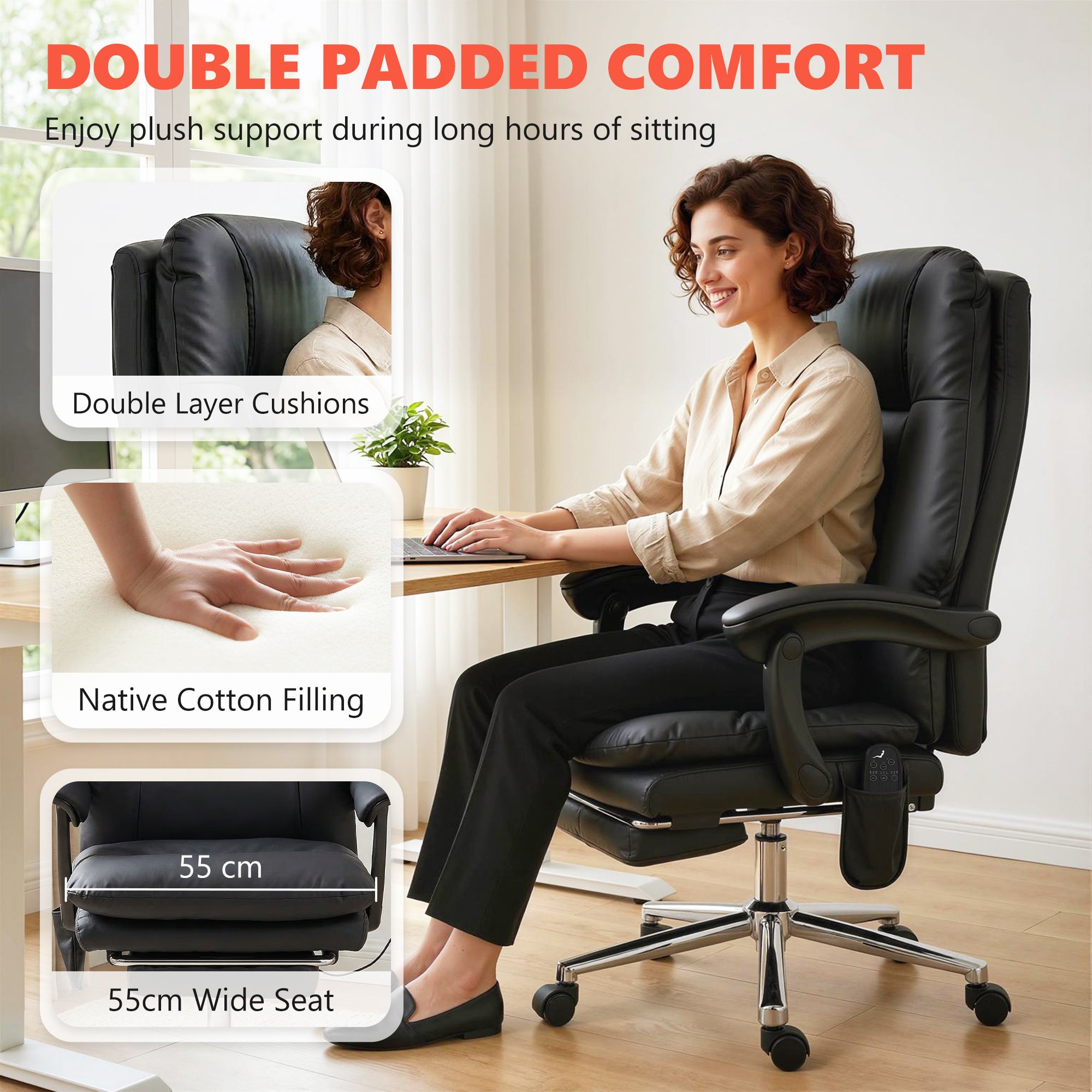 Massage Office Chair with 6-Point Vibration, Pet-Friendly Faux Leather Ergonomic Executive Desk Chair with Double-Layer Spring Cushions, Wide Seat, High Back, Reclining, Footrest, Black