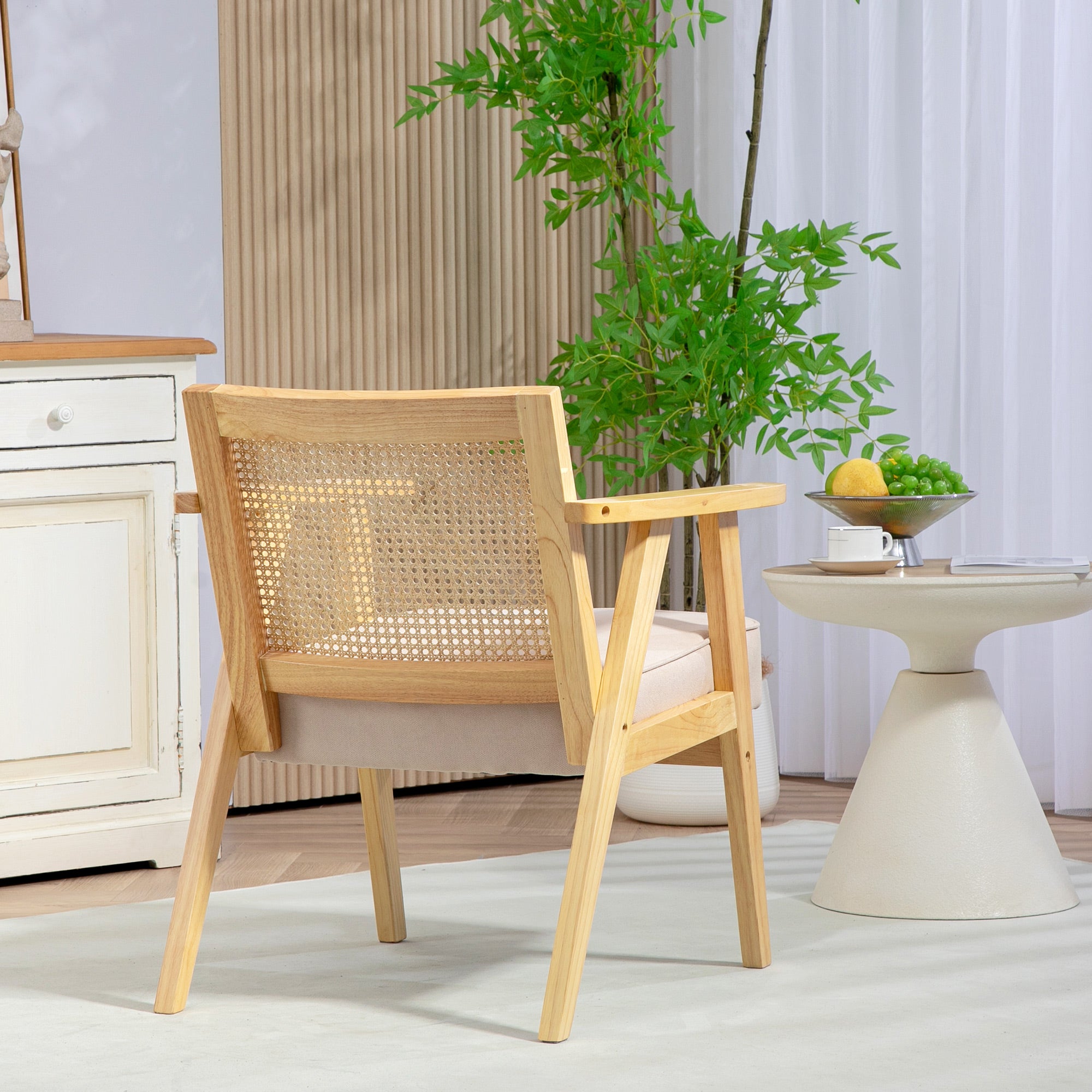 HOMCOM Armchair, Fabric Accent Chair with Rattan Back, Rubber Wood Frame and Padded Seat Cushion for Living Room, Bedroom, Home Office, Cream White Finish