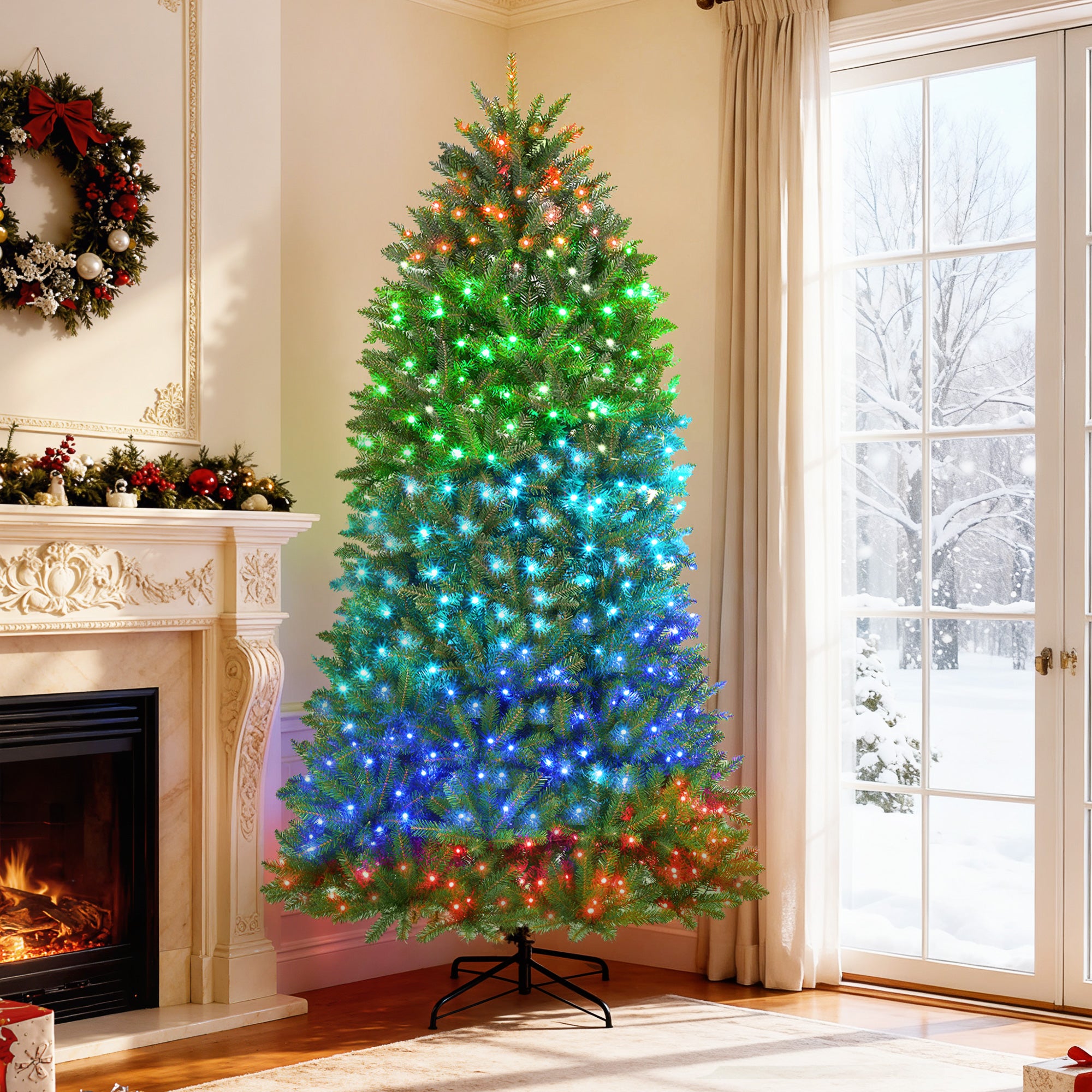 7.5ft Smart Prelit Christmas Tree with Full-Spectrum RGB Dimmable LEDs, App and Remote Control, Wide Full Hinged Xmas Tree, Easy Assembly, Artificial Holiday Decoration, Green