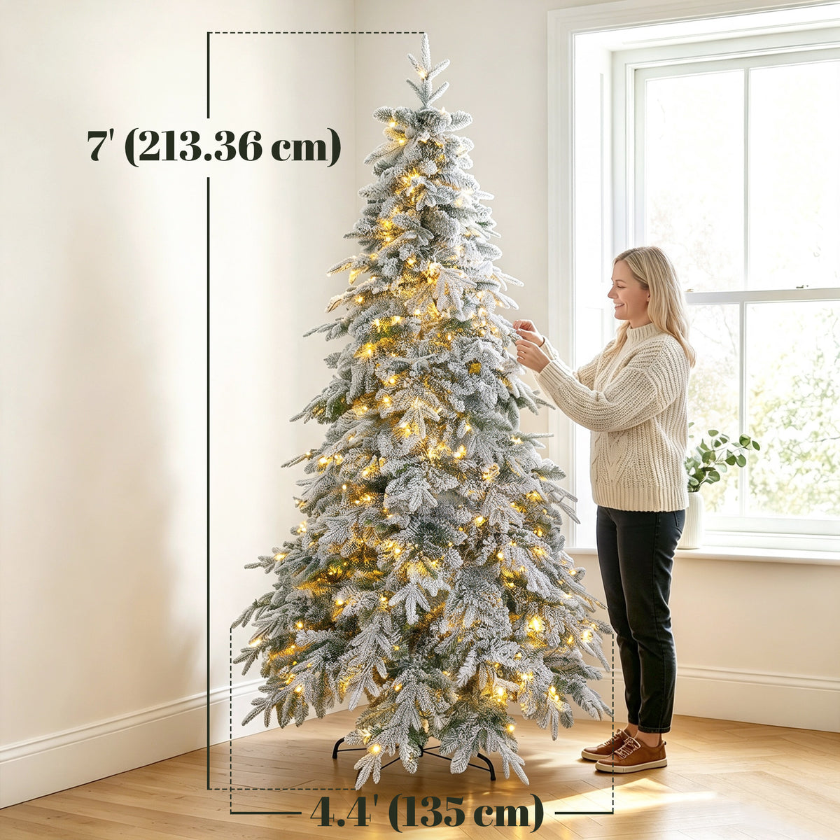 7ft Prelit Flocked Christmas Tree, Artificial Downswept Hinged Xmas Tree with 450 Warm White LED Lights, 8 Modes, Daily Timer, 1080 Tips, Remote, Steel Stand, Green White