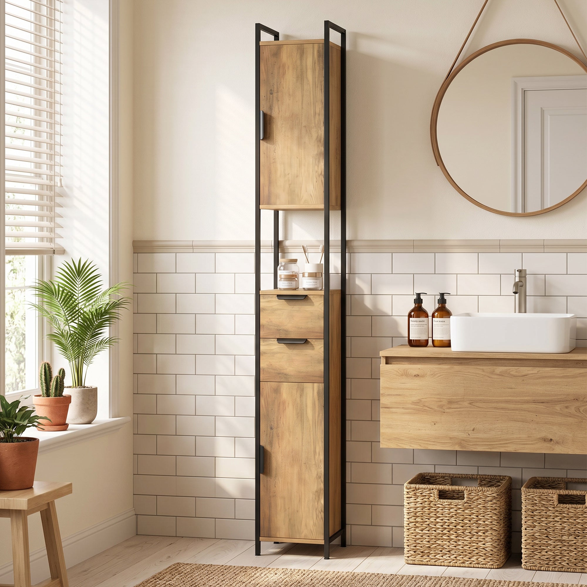 Tall Bathroom Storage Cabinet, Freestanding Bathroom Cabinet with Drawers and Adjustable Shelves, Linen Storage for Study, Bedroom, Brown