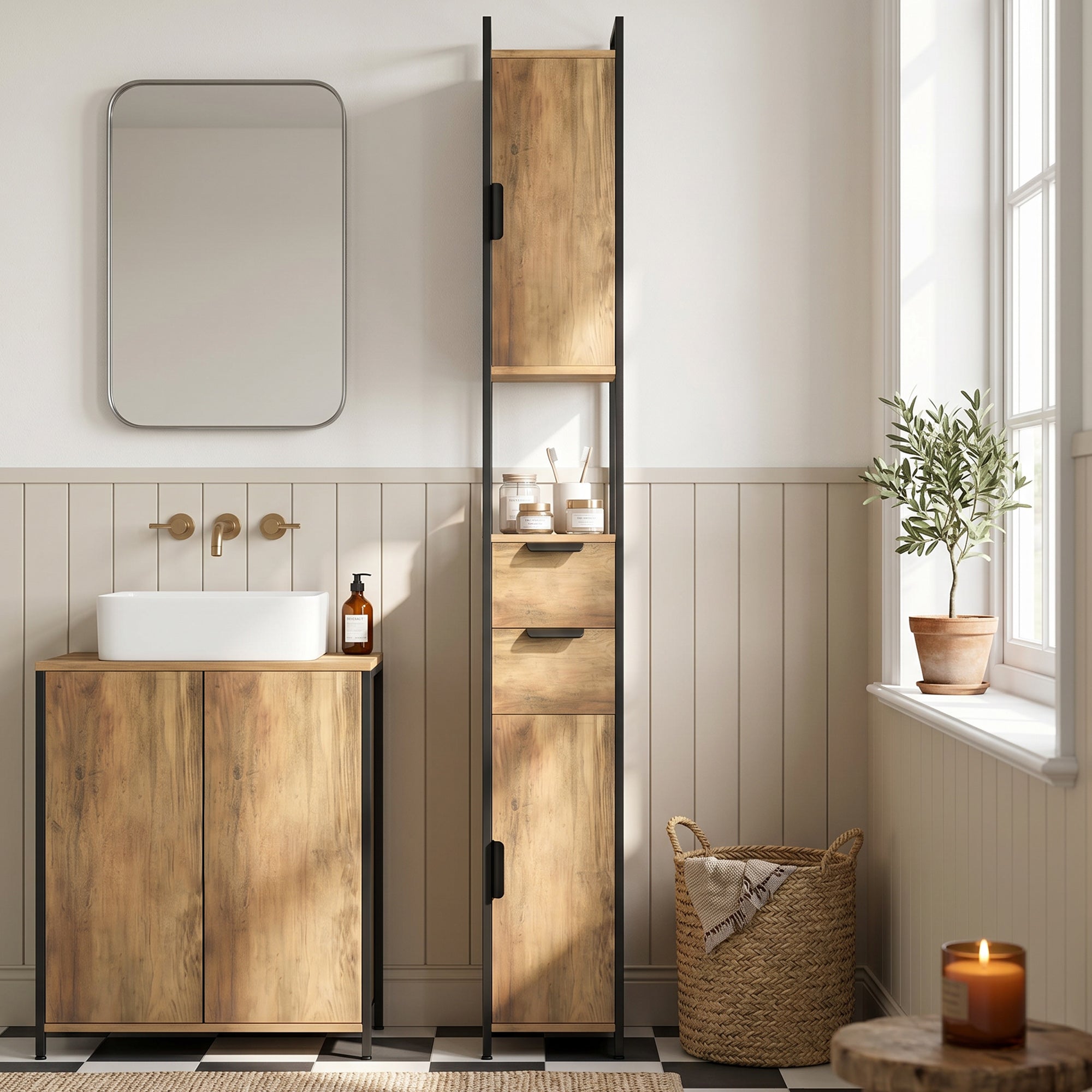 Tall Bathroom Storage Cabinet, Freestanding Bathroom Cabinet with Drawers and Adjustable Shelves, Linen Storage for Study, Bedroom, Brown