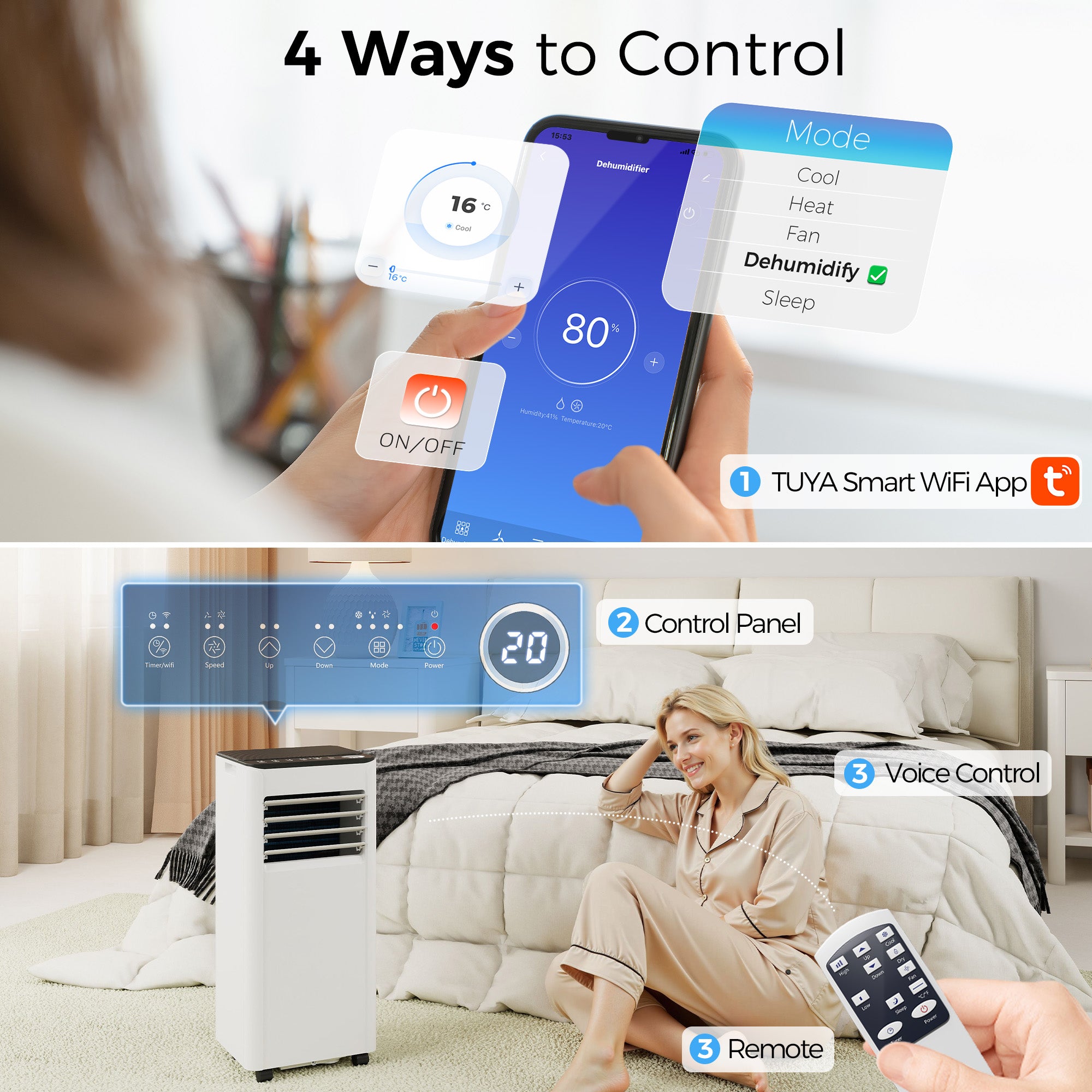 Portable Air Conditioner 5000 BTU, 4-in-1 Air Conditioning Unit with Cool, Dehumidifier, Fan, Sleep Mode, WiFi Voice Remote Control, 24H Timer, 2 Speeds, Window Kit, for Room up to 18 m²